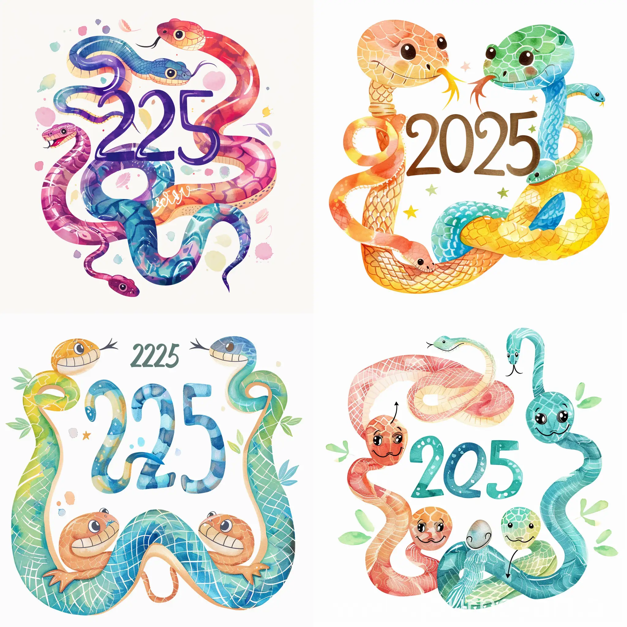 логотип надпись 2025 и милая
мультяшная змеи, в  акварельном стиле, на белом фоне