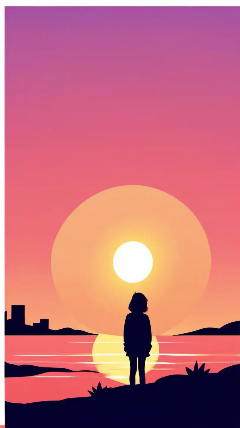vector image of teen girl staring into sunset, creative style for flyer, cartoon style