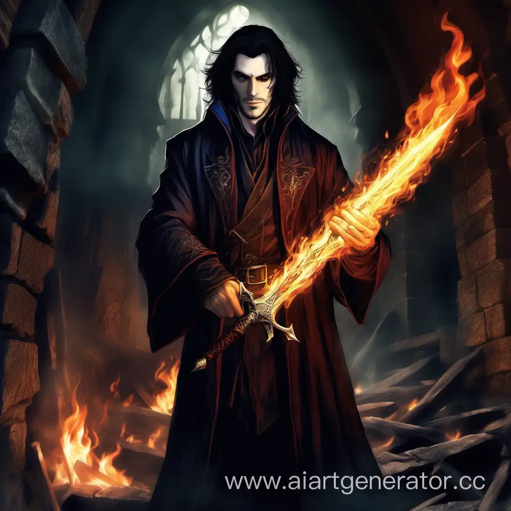 Weary-Wizard-Wielding-Flaming-Sword-in-Dungeon-Shadows