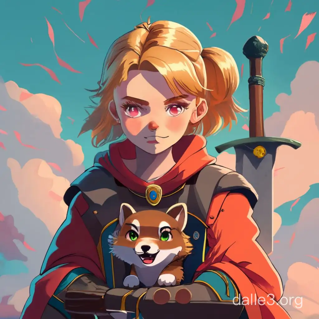 webtoon cover of a young girl age 15 with blonde hair and pink eyes doning an adventurer's garb and a sword with a cute baby fenrir