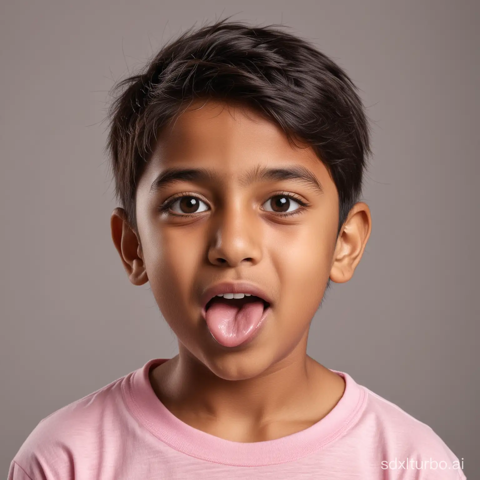 A photo of a young Indian boy kid with her mouth cute selfie expression playfully and cute show different kids with diffrent expression , wearing a light pink t-shirt, with a chocolate on the tip of her nose, close a mouth and try to. moving, grey background, studio portrait, happy expression, childlike innocence, playful poses, shot in the style --ar 9:16