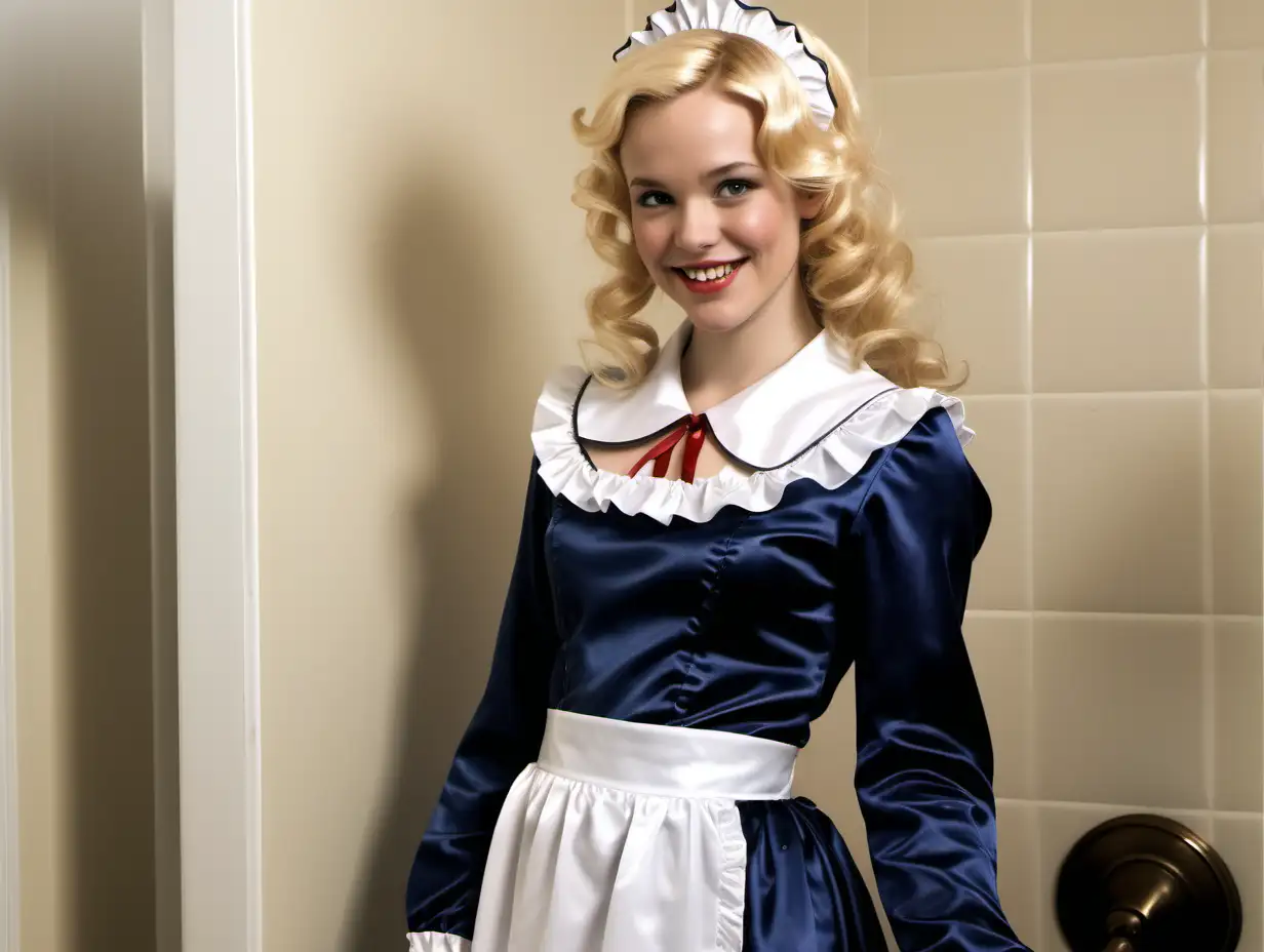 girls in long   crystal silk satin dark blue cream retro maid  gown with white apron and peter pan colar and long sleeves costume and milf mothers long blonde and red hair,black hair  full size  rachel macadams smile clean bathroom