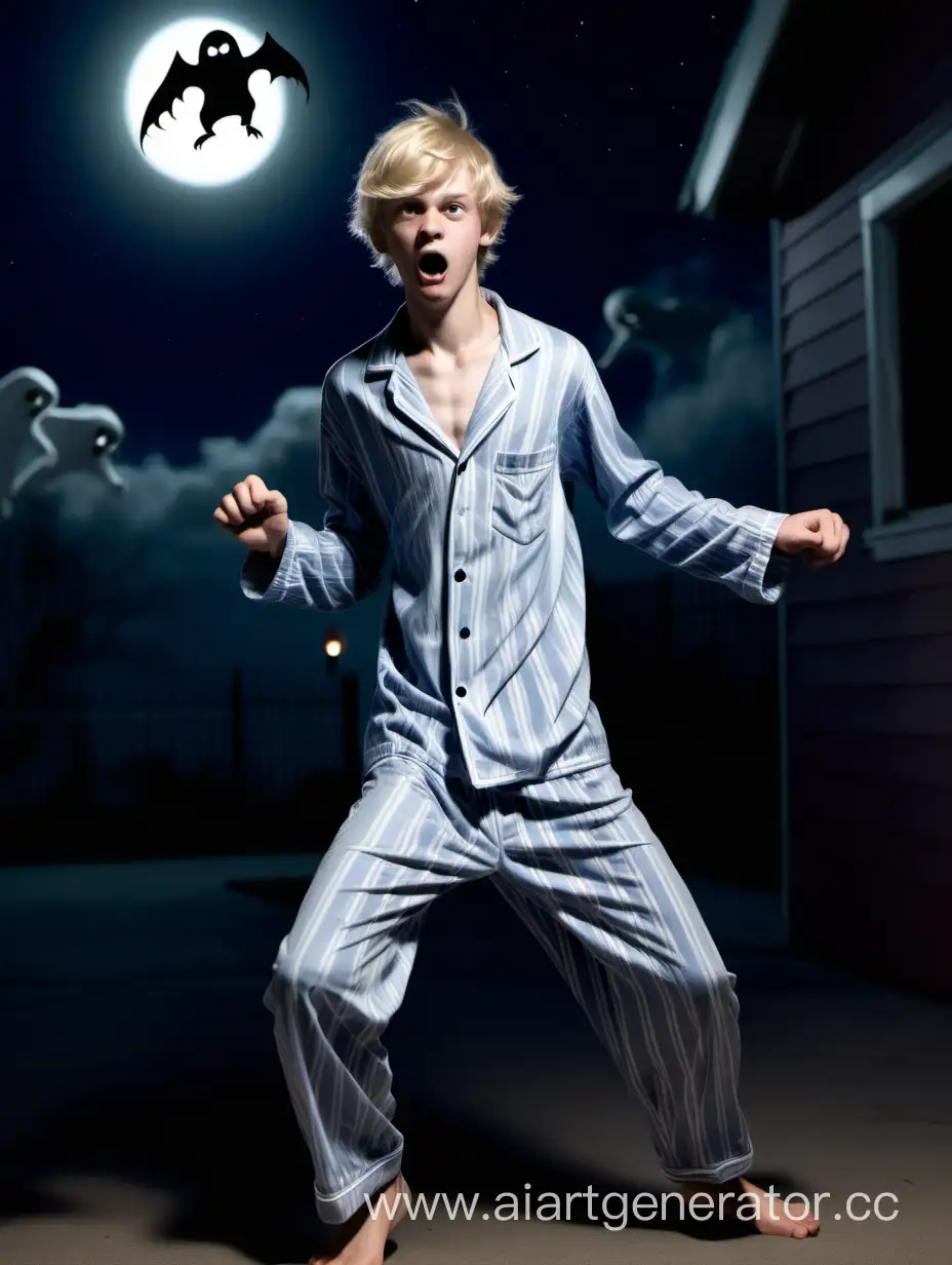 A slim, bare-chested, blond 16-year-old boy in pyjama pants fighting a ghost at night.