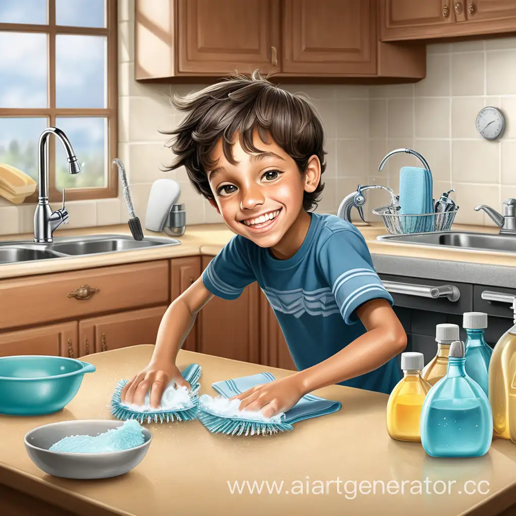 создай образ дисциплинированного ребенка лет 11, который моет посуду и делает уроки с улыбкой
