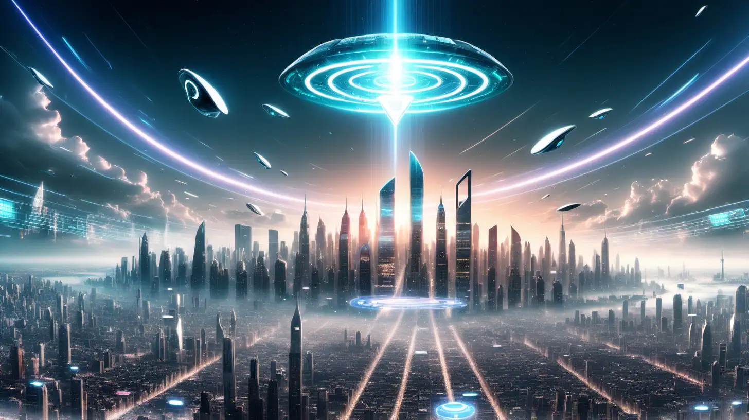 An awe-inspiring image of a sleek, futuristic cityscape with holographic A.I logos hovering in the skyline.