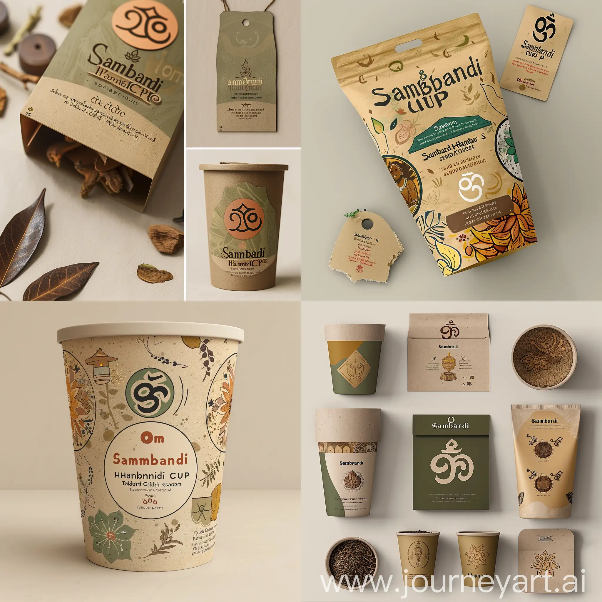 "Create an image of an eco-friendly packaging design for Sambrani Havan Cups. The packaging should be made of sustainable materials like kraft paper or recycled paper. It should feature earthy color tones such as browns and greens, and include traditional or spiritual symbols like the 'Om' sign or a lotus. The design should subtly showcase the ingredients like cow dung, sandalwood, and herbs through pictograms or icons. Incorporate an element that allows the aroma to be sampled without opening the package. Add a handmade touch, like a small tag or a note about the artisans, and ensure the overall look is elegant yet simple, evoking a sense of peace and simplicity. The background should be neutral to emphasize the packaging design."