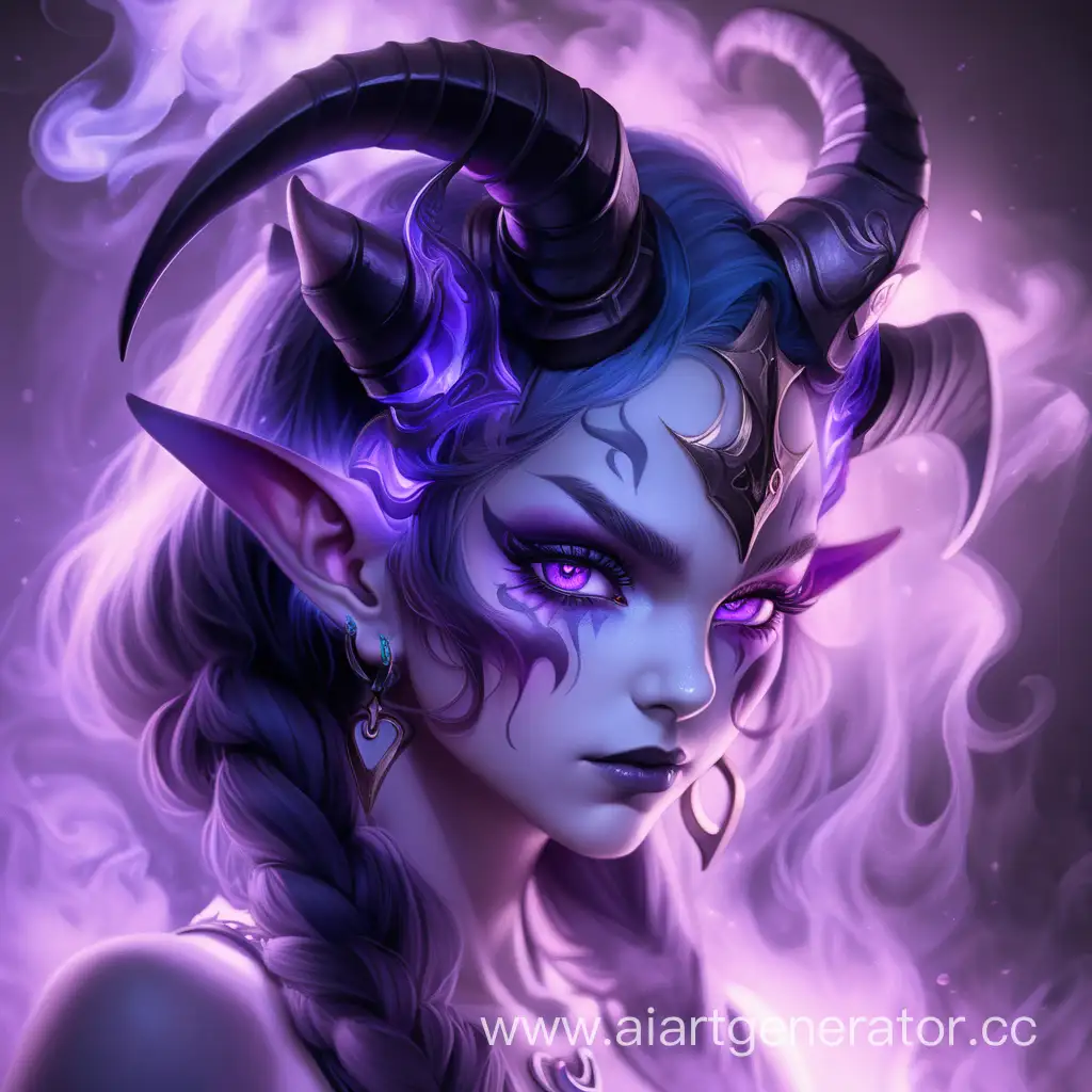 Fantasy art, creative environment created with the help of magic lights, extremely detailed face, beautiful face, glowing smoke, Succubus  with purple horns, anime style, shaded with pencil, soft lined mascara