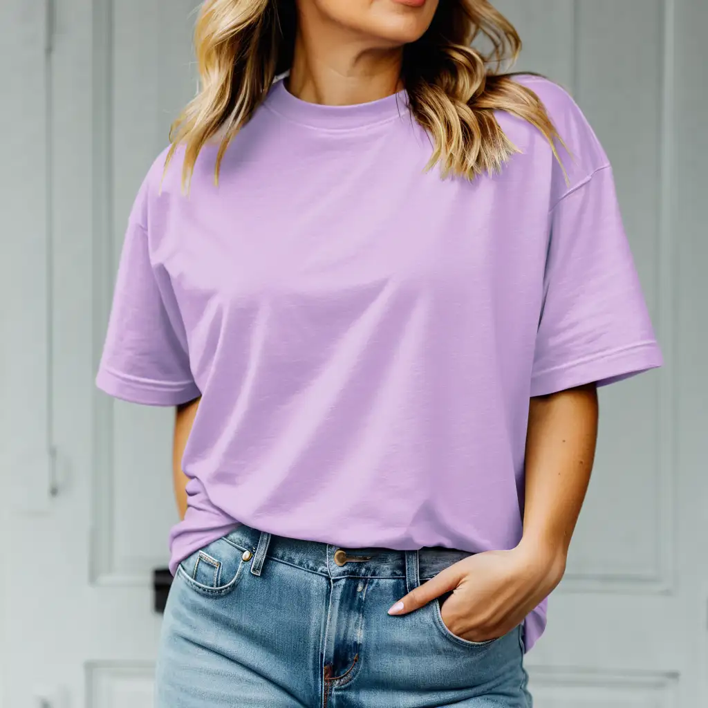 blonde woman wearing oversized comfort colors orchid t-shirt mockup,
