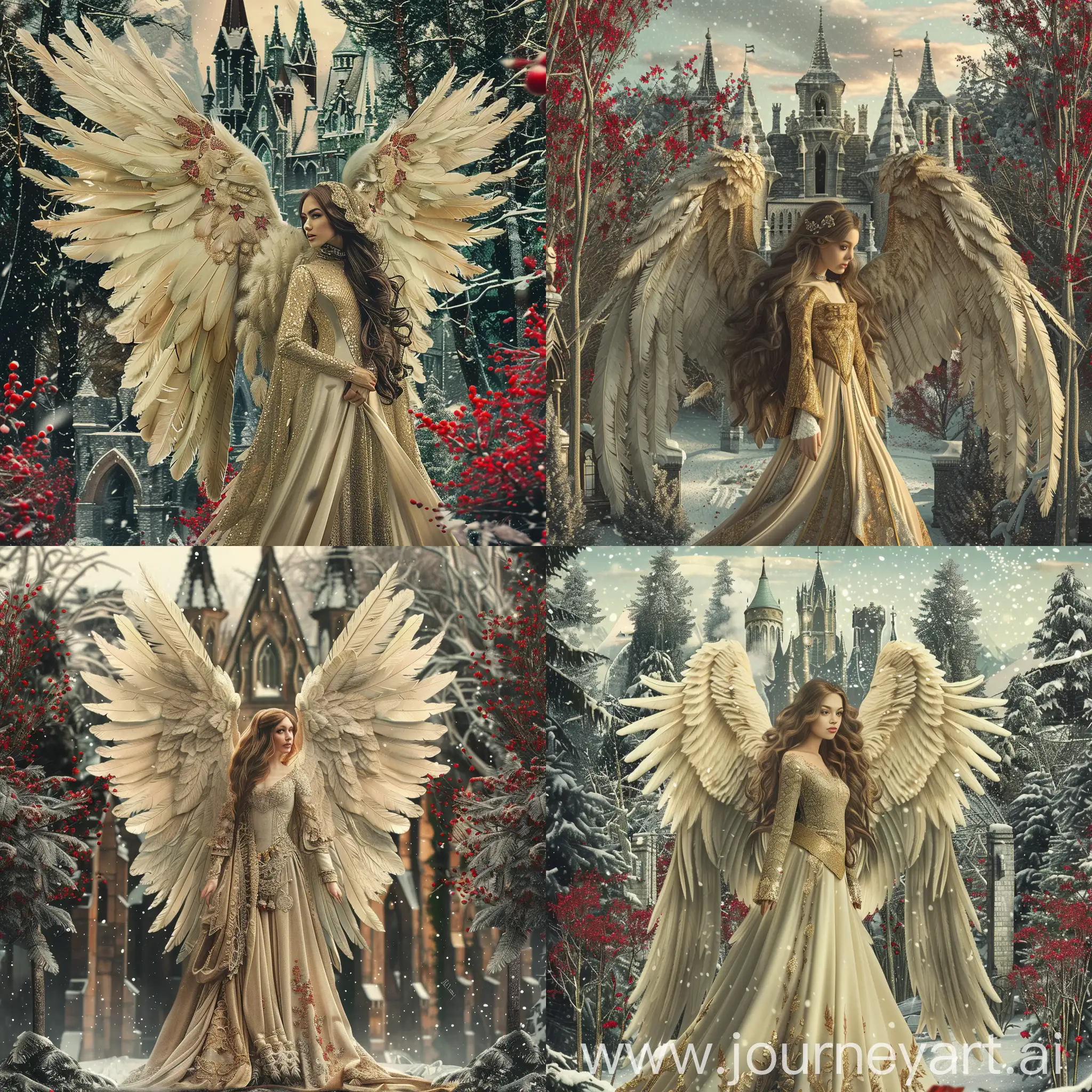 A highly detailed image of a medieval angel with large cream feathered wings and a beautiful face, long hair and a long medieval dress. . She is standing Infront of an enchanted magical castle surrounded by trees with red flowers on them. It is snowing and  there is some snow on the trees. Beautiful magical mysterious fantasy surreal highly detailed