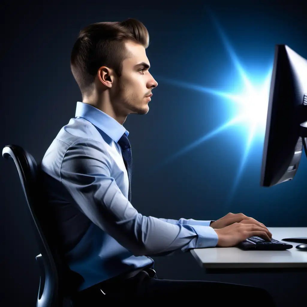 artistic picture of young man from side view of young handsome man figure in business casual wear in a correct sitting position with straight back, backbone highlighted, sittin on the office chair and working on computer and looking at monitor, and blue rays shine to her face, modern office in the background, dark background
