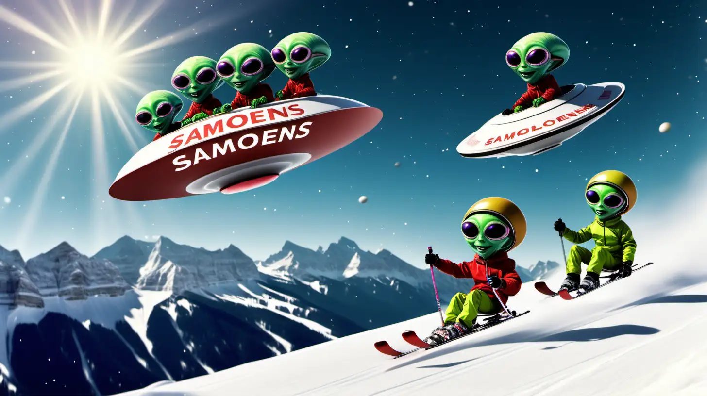 petits aliens qui font du ski sur une piste avec un panneau SAMOENS et une soucoupe volante dans le ciel