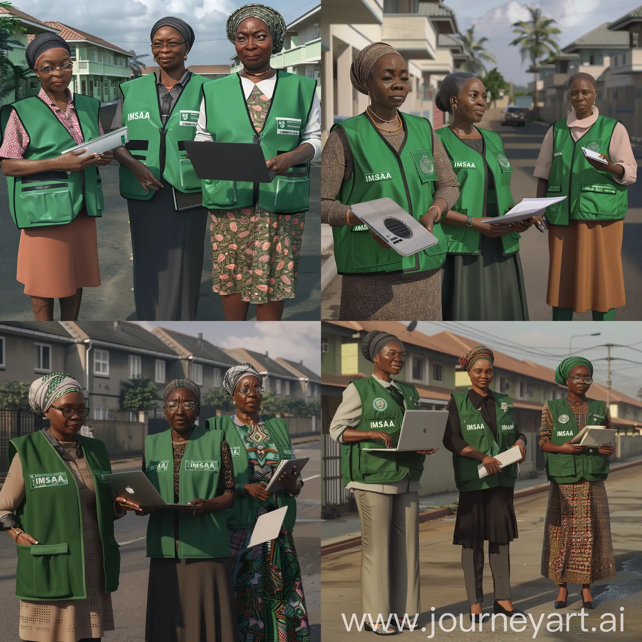 Today is International Women's Day.   
Create a photorealistic image of the three Nigerian women ages 30, 40 and 50, professionally dressed but also wearing deep green plain identification vests on top of their clothes, standing on a street in front of a long bungalow building, each green plain identification vest has IMSAA written on the front pockets in small white letters, one of the women holding an opened laptop and the others are holding notebooks.