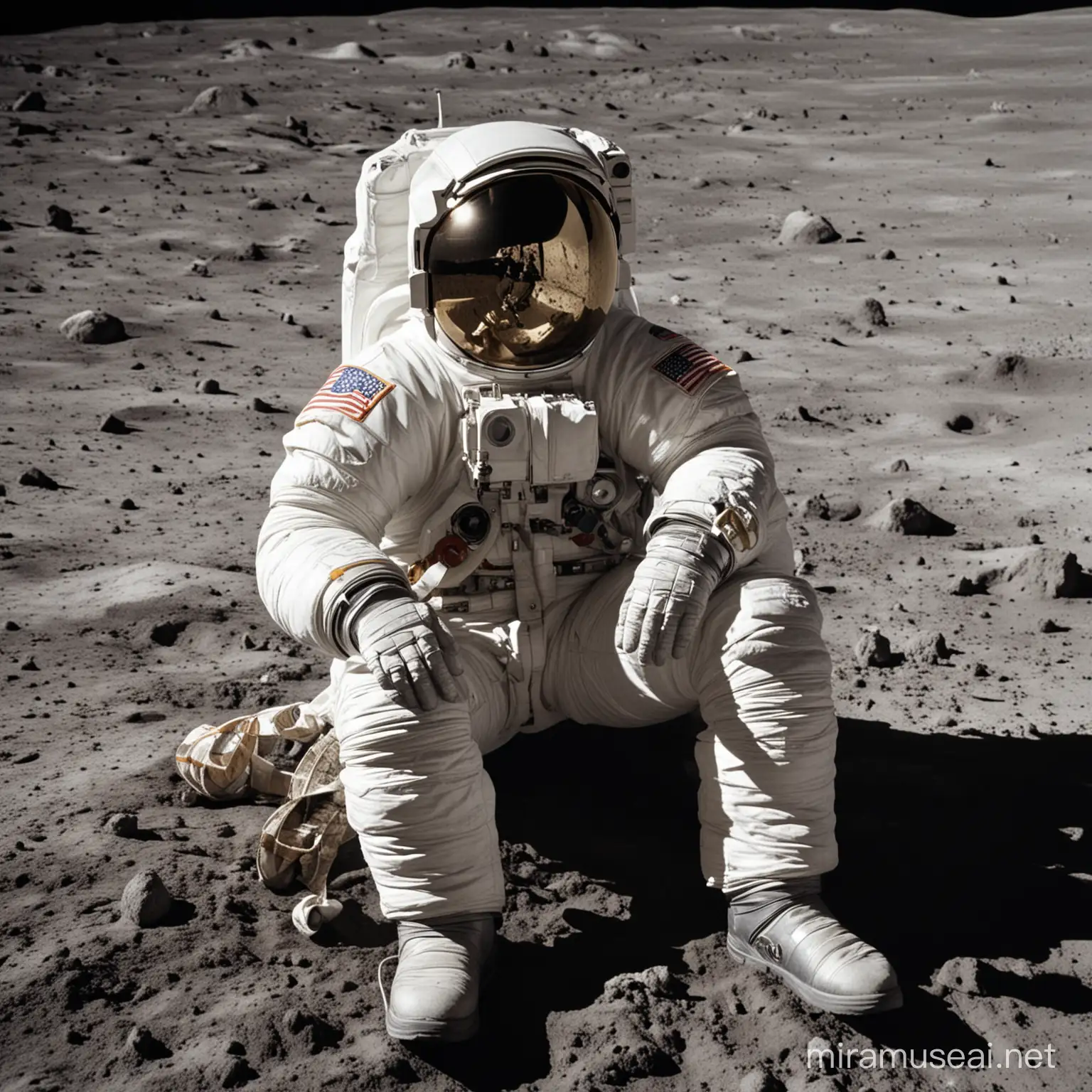 An astronaut sits on the moon in a closed spacesuit

