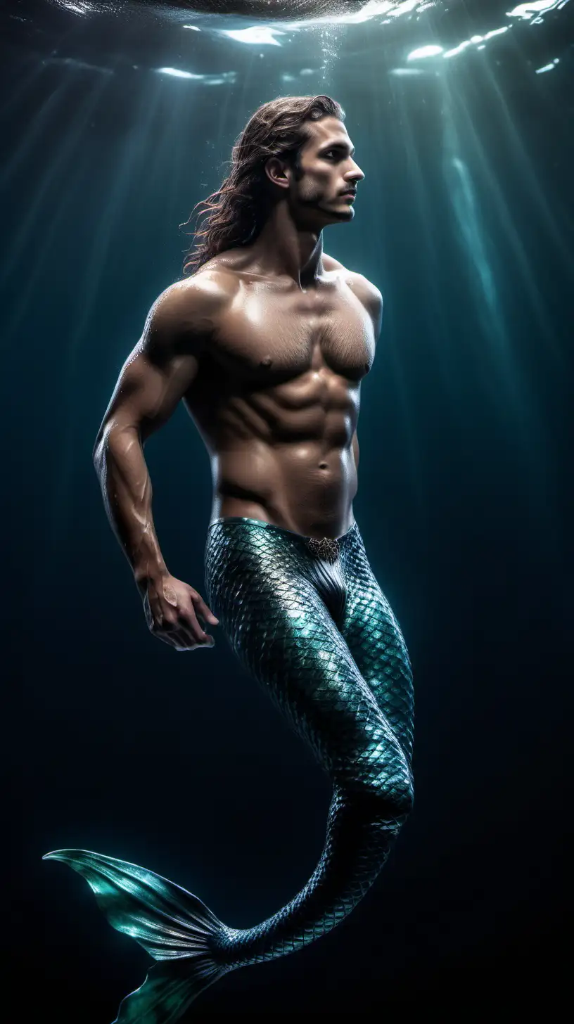 male Spanish wet mermaid body Prompt /imagine prompt : An ultra-realistic photograph captured with a canon 5d mark III camera, equipped with an 85mm lens at F 1.8 aperture setting, portraying male athlete mermaid body with tail. The background is under the sea dark highlighting the subject. The image, shot in high resolution and a 9:16 aspect ratio, captures the subject’s natural beauty and sexuality with stunning realism Soft spot light gracefully illuminates the subject’s body, highlighting the body, casting a dreamlike glow. make it really realistic and detailed –ar 9:16 –v 5.3 –style raw