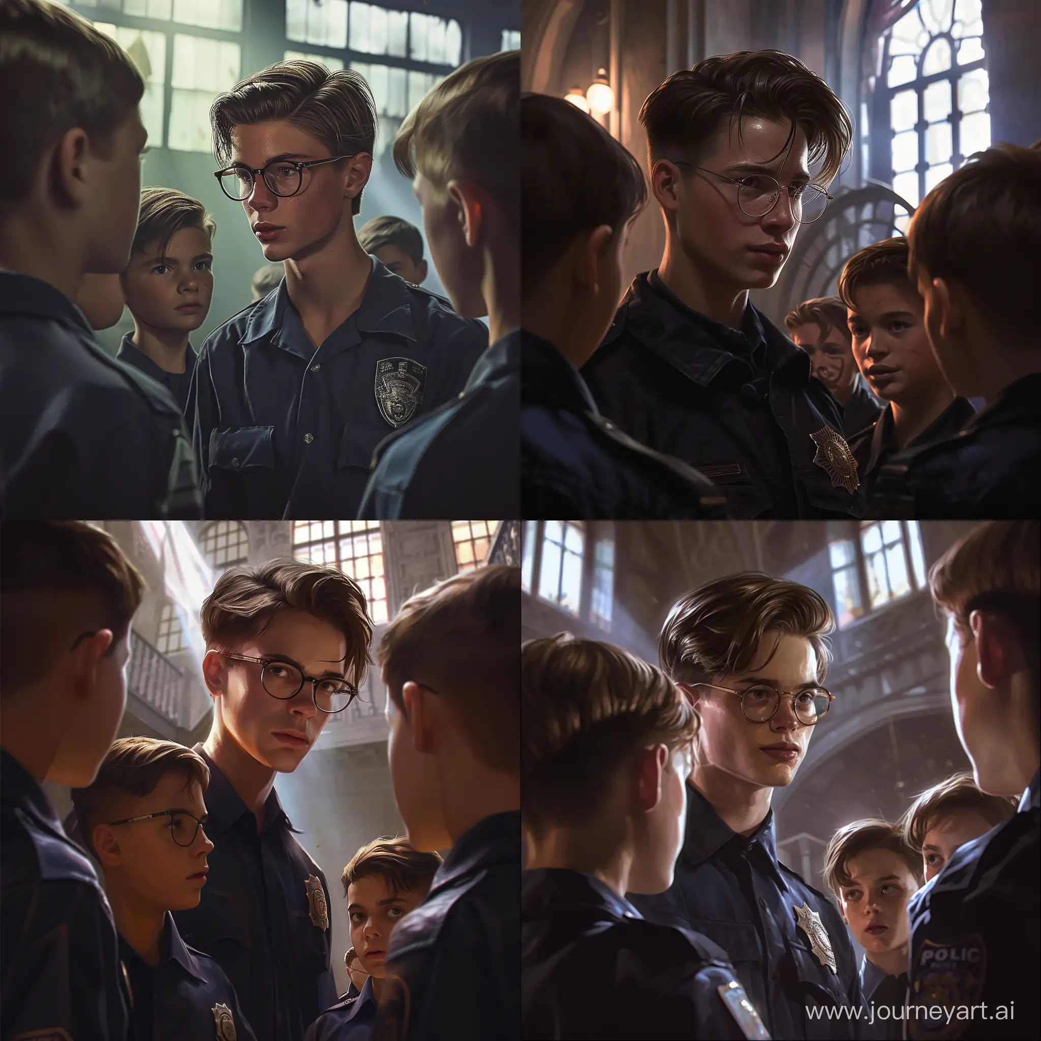 A 17-year-old guy with a bob and glasses holds a meeting with police officers consisting of 14-year-old boys, in the style of the 20th century. The scene takes place in an old building that resembles a youth police academy. The lighting is dim, creating a play of light and shadow. The guy looks confident and authoritative while the police boys listen to him attentively. The image should be made in the style of 20th century realism, with an emphasis on details