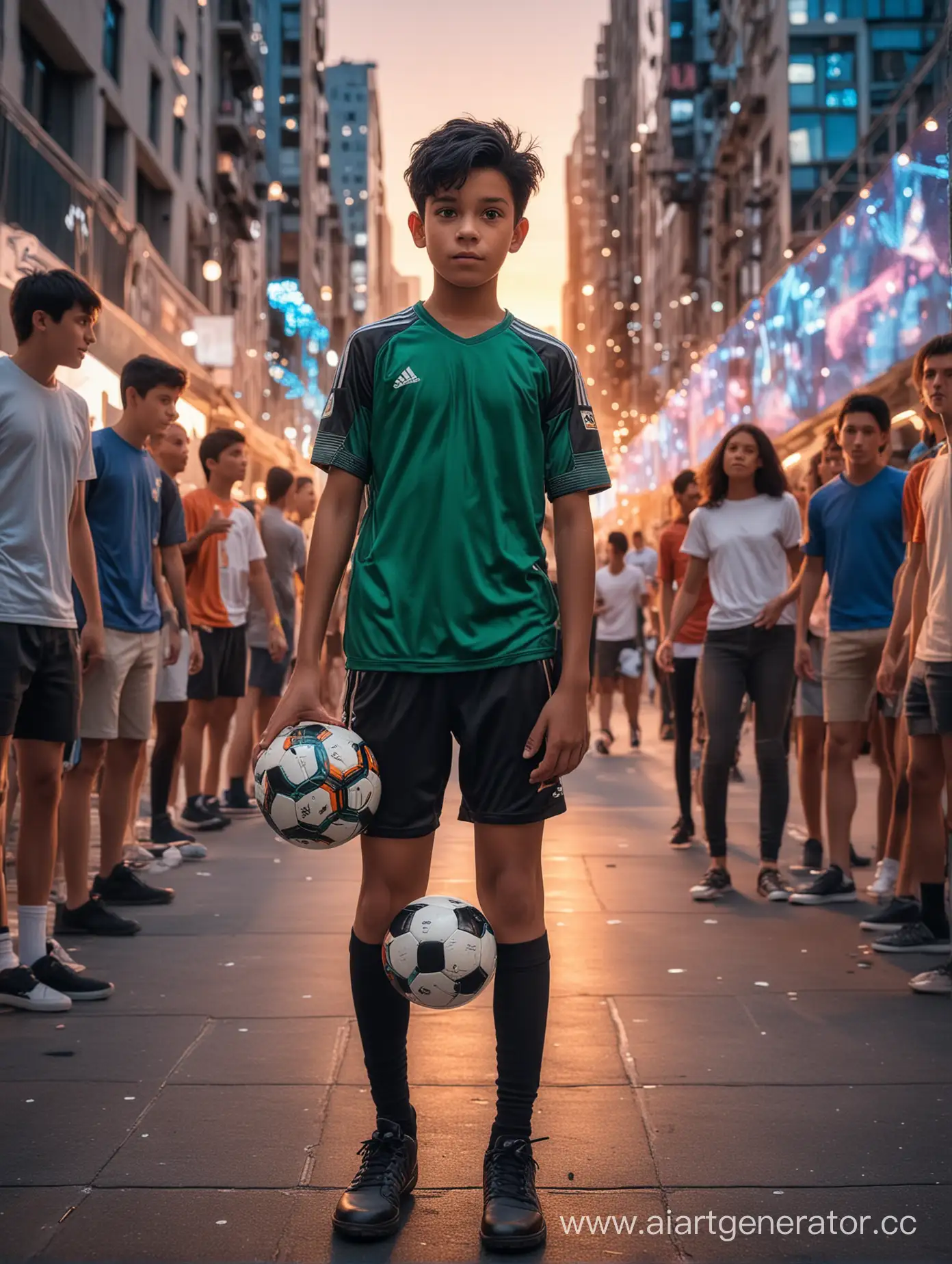 niño de 13 años de cabello negro sostiene su balon de futbol en el media de la gente que se le queda asombraada viendo su talento en el futbol en una ciudad futirista y llena de luces led en el atardecer y mucha tecnologia