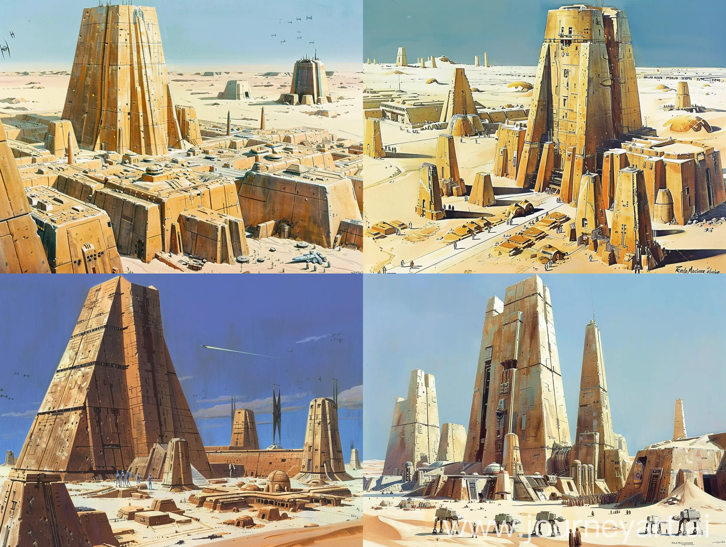 Old concept art by Ralph McQuarrie of a large tall tatooine palace similar in appearance to a ziggurat. other smaller desert city buildings around it. in retro science fiction art style. in color. 