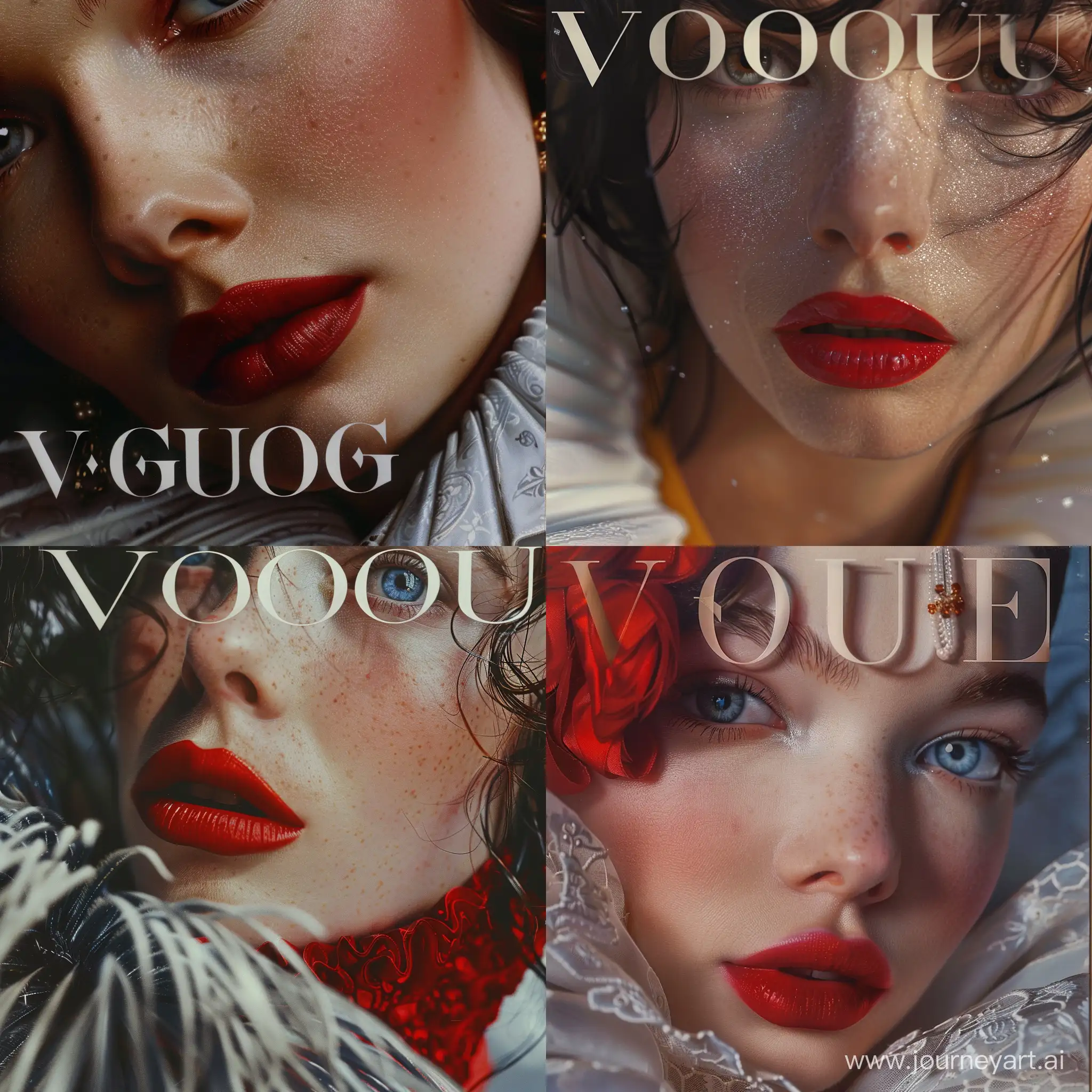 обложка модного журнала vouge 
заголовок 
буквами написано vogue. надпись 


Белоснежка,в стиле работ фотографа Тима Уолкера

крупный план. фотореализм