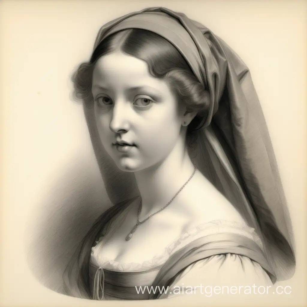 The pencil portrait of the melancholy Maria, breathing with the charm of youth and purity, is in the style of the 19th-century English portrait artist John Hayter. Pencil drawing.