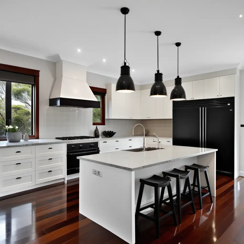 kitchen with off-white shaker style cabinets and light grey granite benchtops with three black pendant lights over kitchen island, dark Jarrah wooden floorboards 