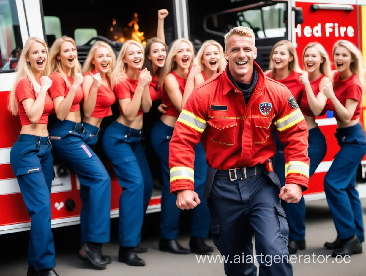A muscular German male firefighter with short blonde hair. His uniform looks like a superhero costume with a red closed jacket and blue pants, leaning casually against his fire engine, several young women enthusiastically cheering him on.
The name on the vehicle says “Heidingsfeld Fire Department”.


