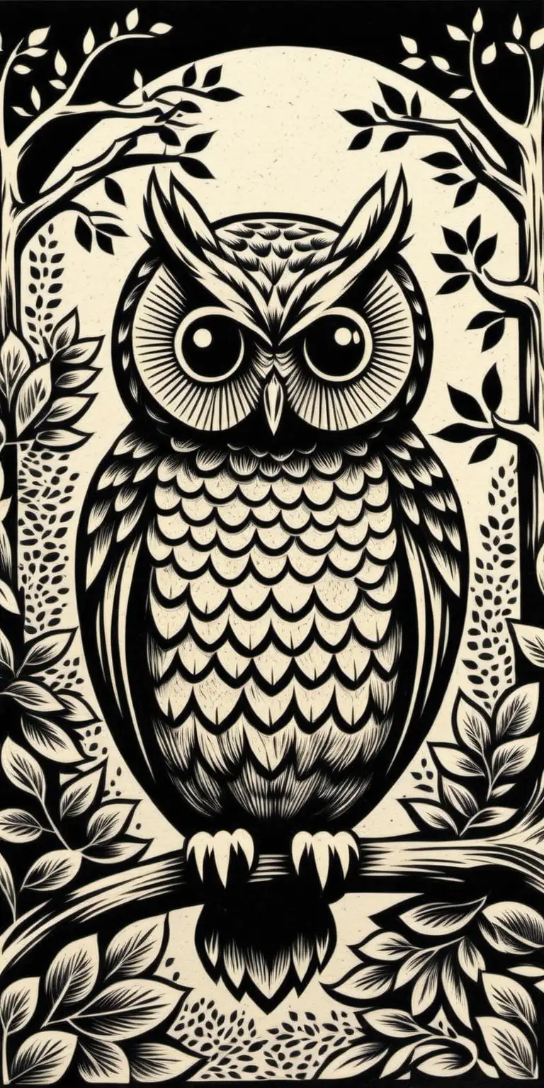 owl block print black and white