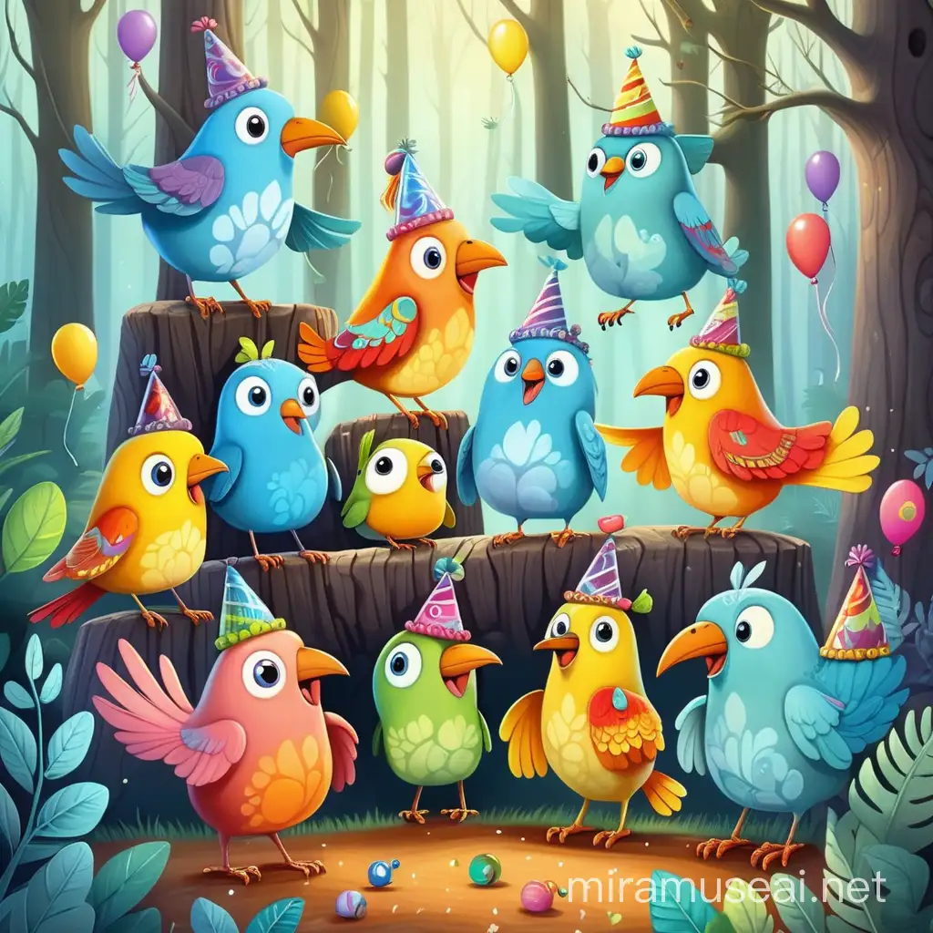 mysterious unique happy colourful bird creatures in the woods having a party 