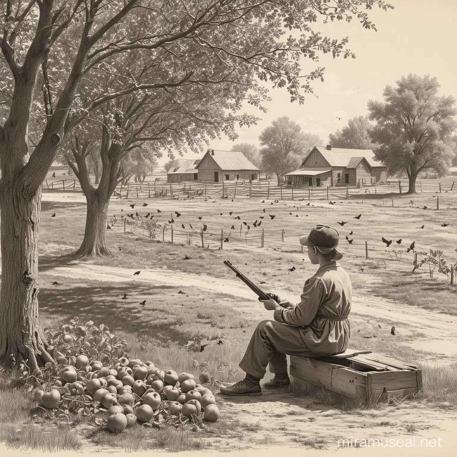 sketch of a mennonite old order farm. Child sitting in apple orchard with small rifle shooting at birds