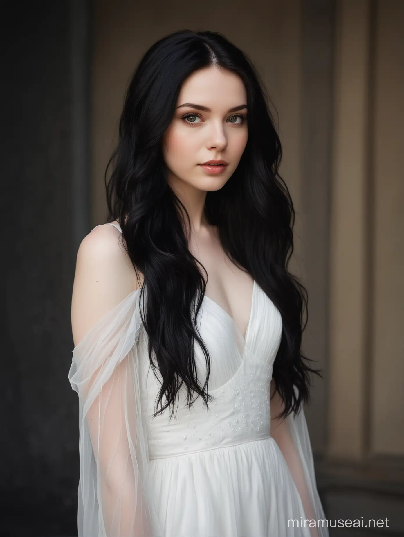 young woman,dark black long hair,pale skin,white gown