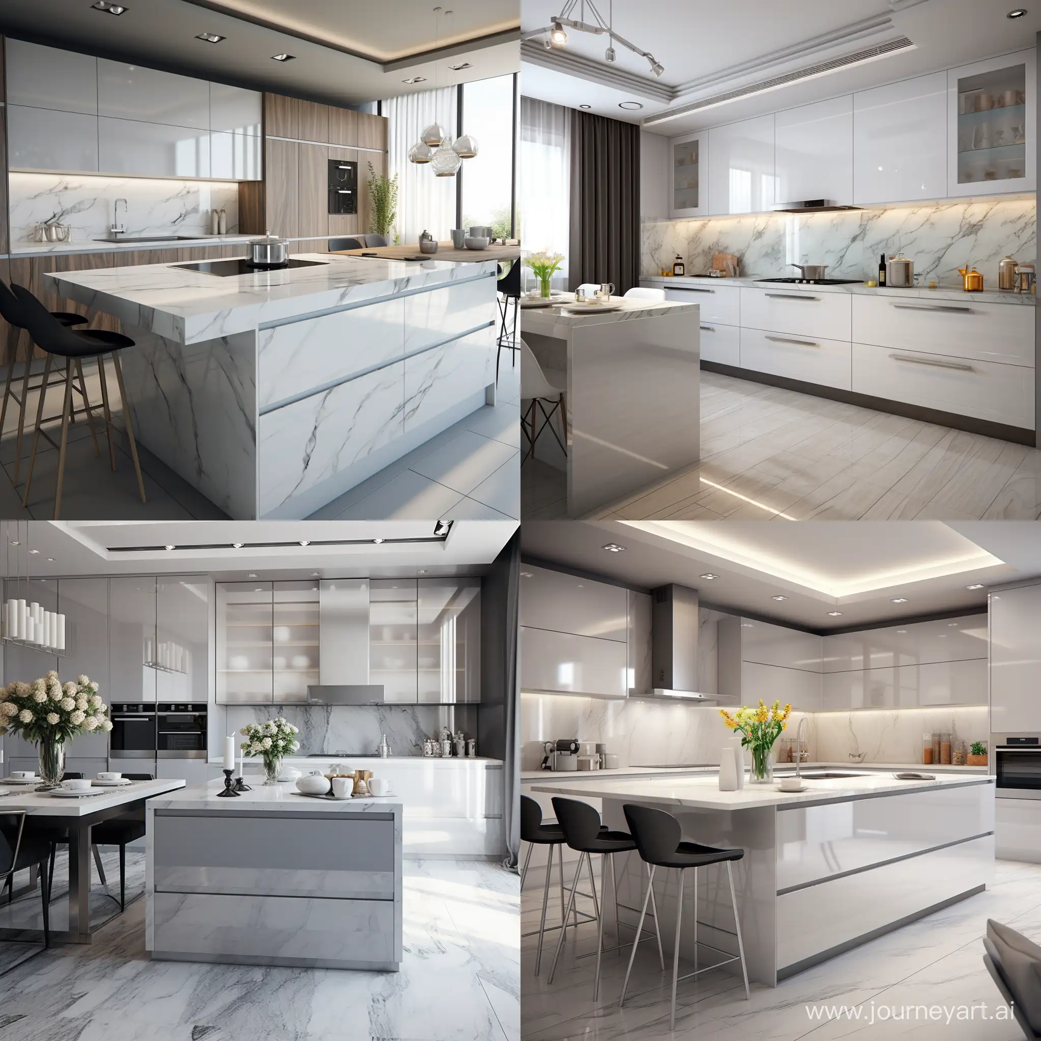 modern kitchen. glosy Furniture fronts made of white marble-colored MDF. furniture flat fronts without frames. Only furniture fronts white marble color.