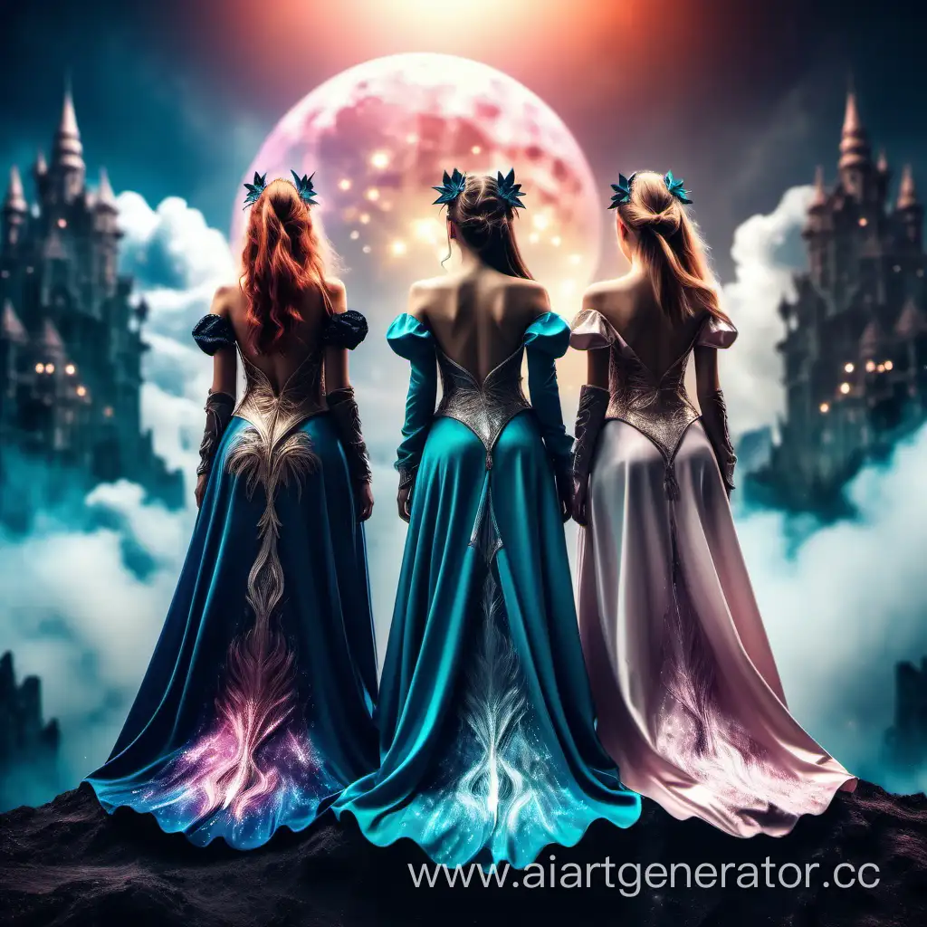 three girls in beautiful fantasy clothes stand with their backs to the audience against the backdrop of a fantastic world