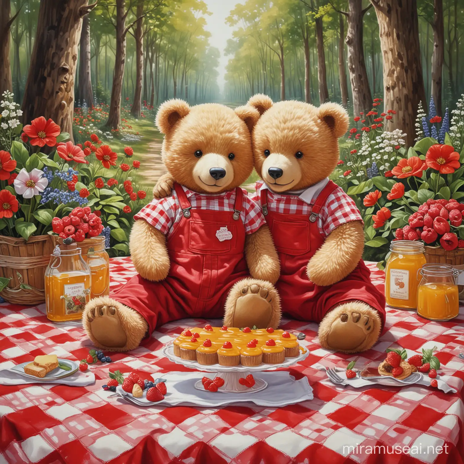Whimsical art Two teddy bears wearing red overalls, sitting on a red and white checkered tablecloth, with cakes, bottles of juice, jars of honey and fruit, in a forest full of flowers and leafy trees.
