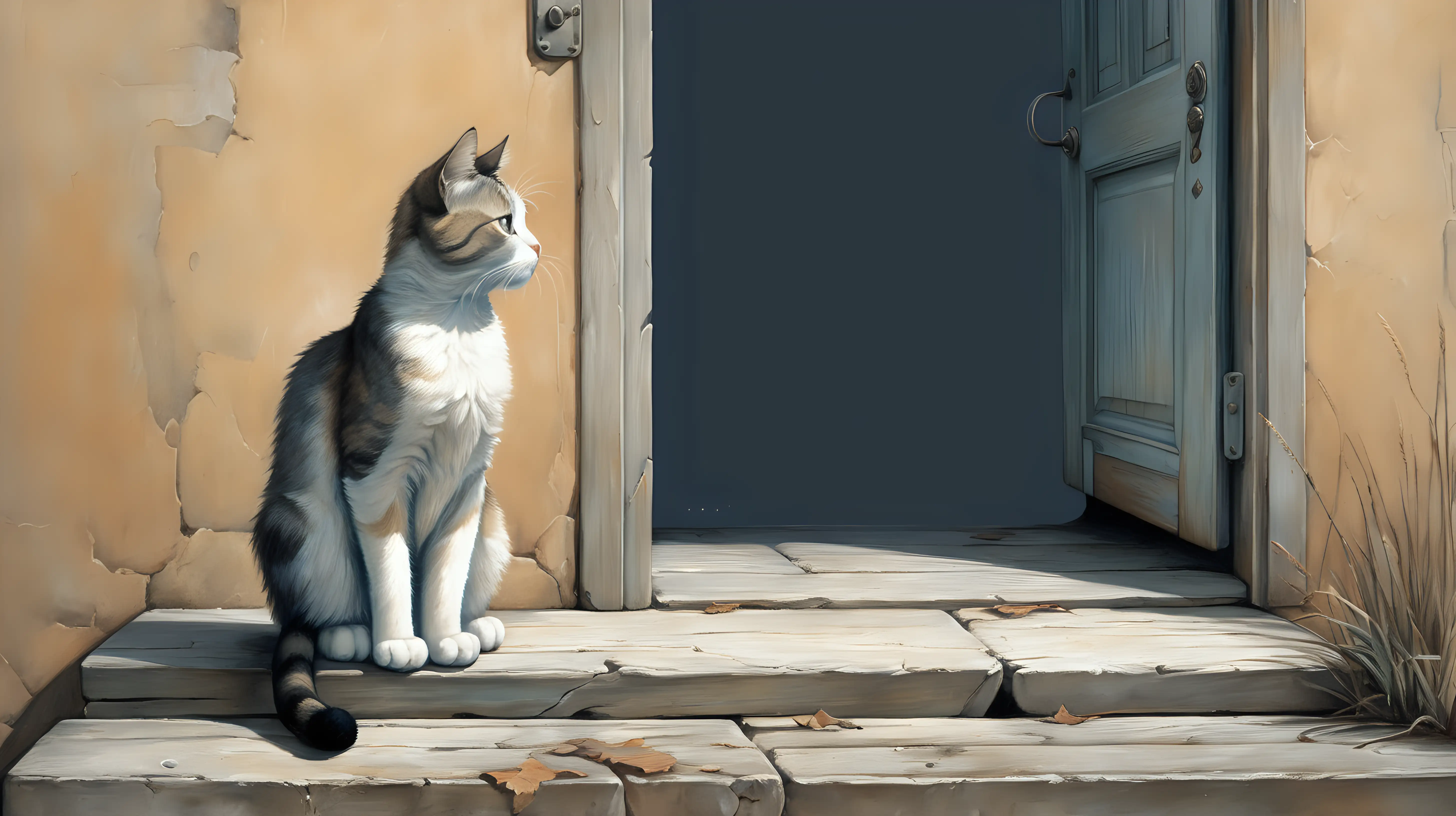 "Illustrate a sad cat sitting on a weathered, forgotten doorstep, looking at a distant horizon, hinting at a sense of longing and nostalgia."