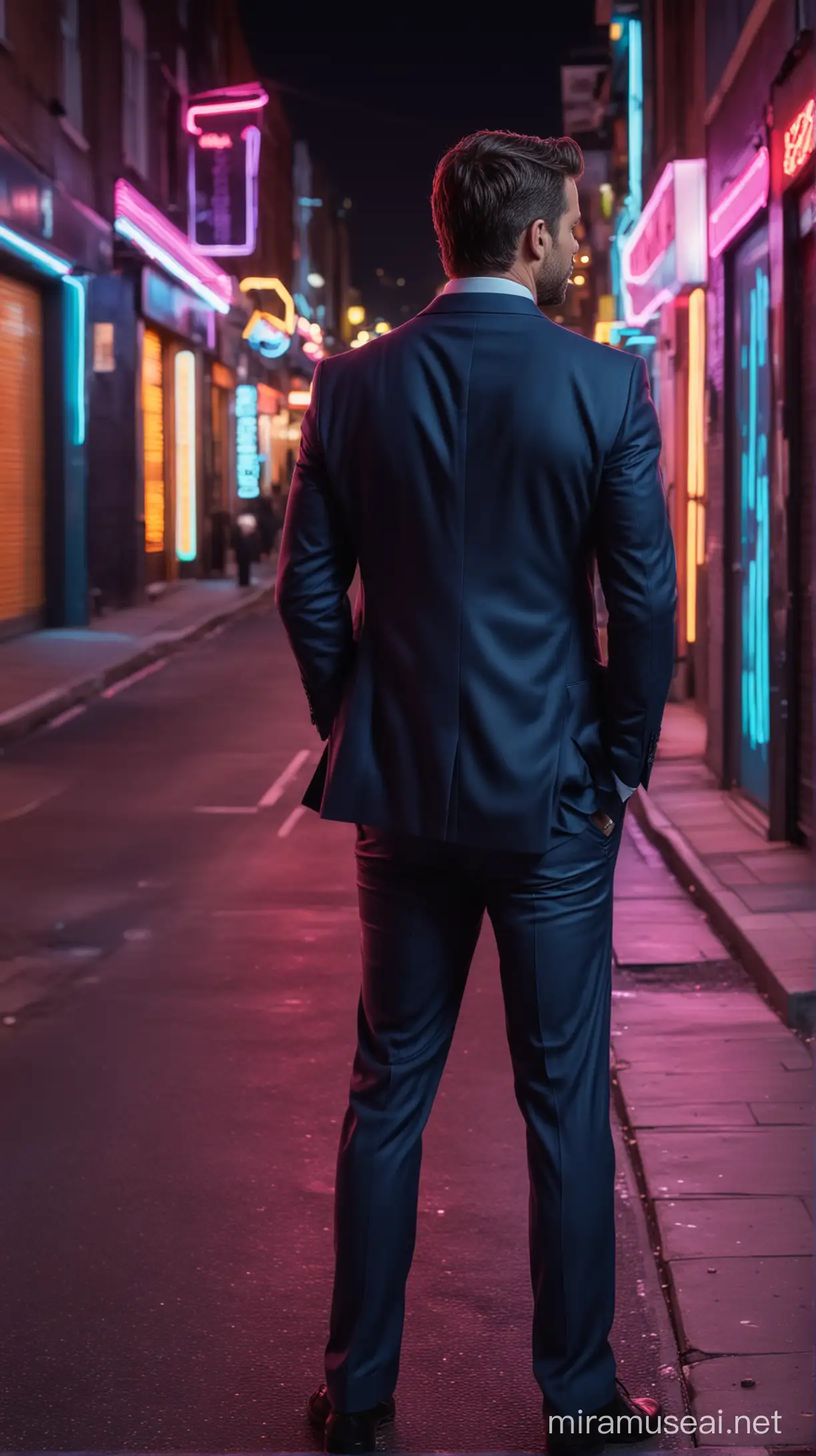 A realistic image of a hot, handsome, thirty year old man wearing a suit, standing in a street with colourful neons at night, with his back to the camera.