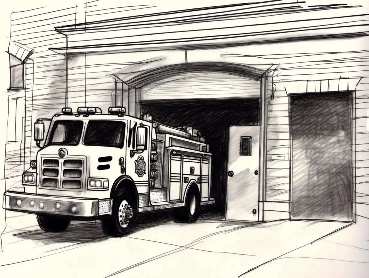 firetruck pulling out of the firehouse,halfway out the door,felt tip sketch