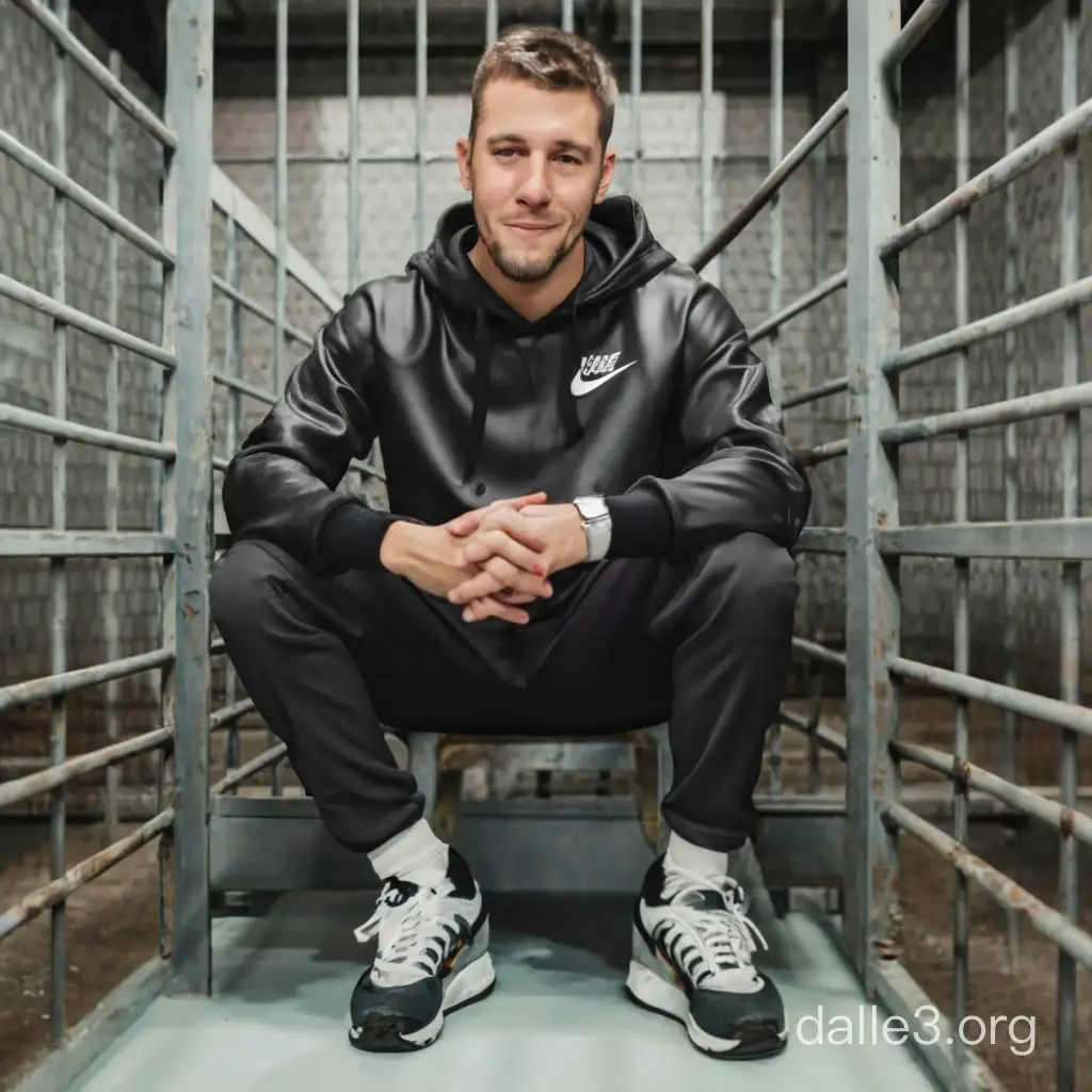 Caucasian cocky male guarding your prison cell. Lifting leg to fart toward the cell. Wafting the fart into your cell. wearing black and grey nike tech fleece leather tracksuit hoodie. Wearing nike 95 sneakers. Nike tech fleece. Smiling Mean guy. Bully is superior to you. Nike tech fleece tracksuit. Zip pocket on sleeve. Wearing a leather baseball cap. 