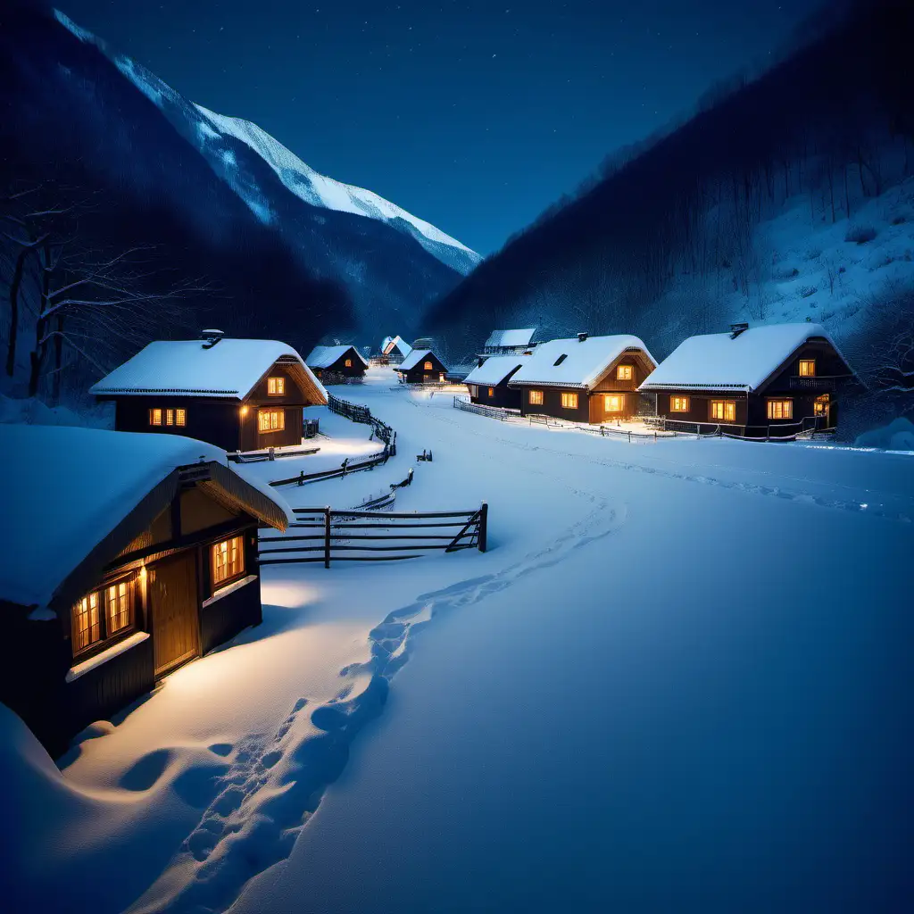 A serene winter night scene in a mountainous region, where traditional thatched-roof houses are blanketed in snow. The warm glow of lights from the windows suggests a cozy atmosphere inside, contrasting with the cold blue tones of the snow-covered landscape. The darkness of the night sky and the surrounding environment accentuates the illumination of the houses. There's a hint of human presence in this secluded area, as evidenced by the lights and the well-trodden paths in the snow.