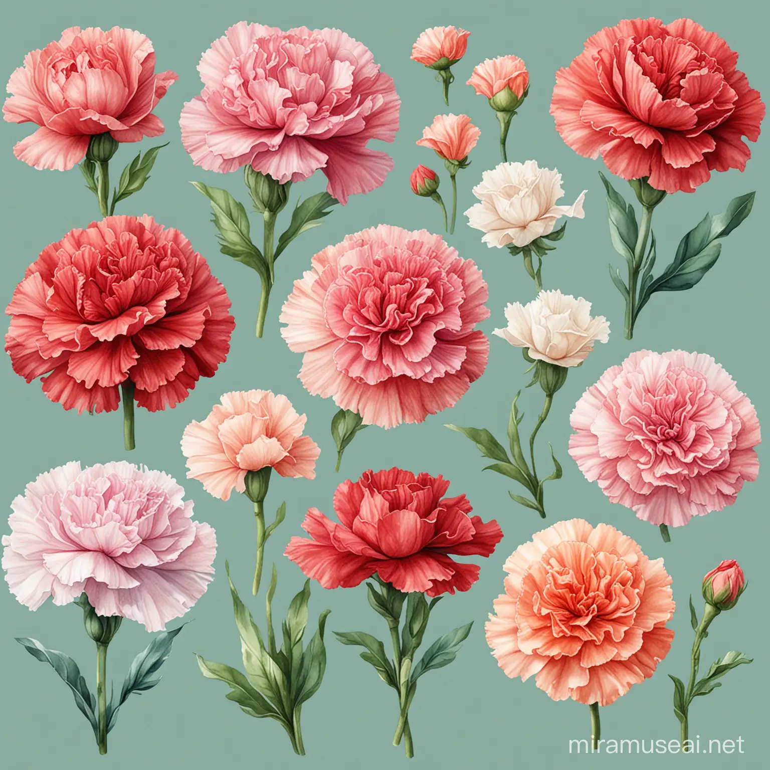 Watercolor Carnation Clipart in Pink Red and White Shades