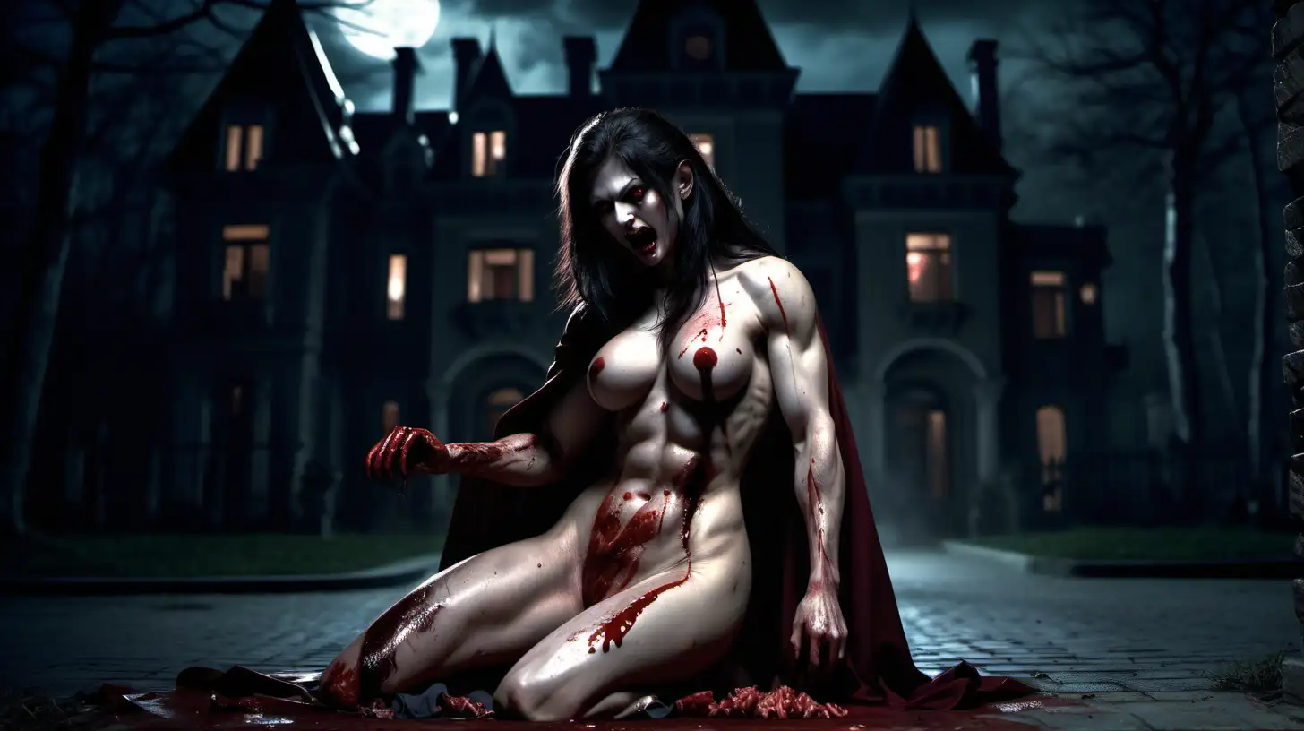 Bloody Vampire and Werewolf Women Feasting at Night in Mansion
