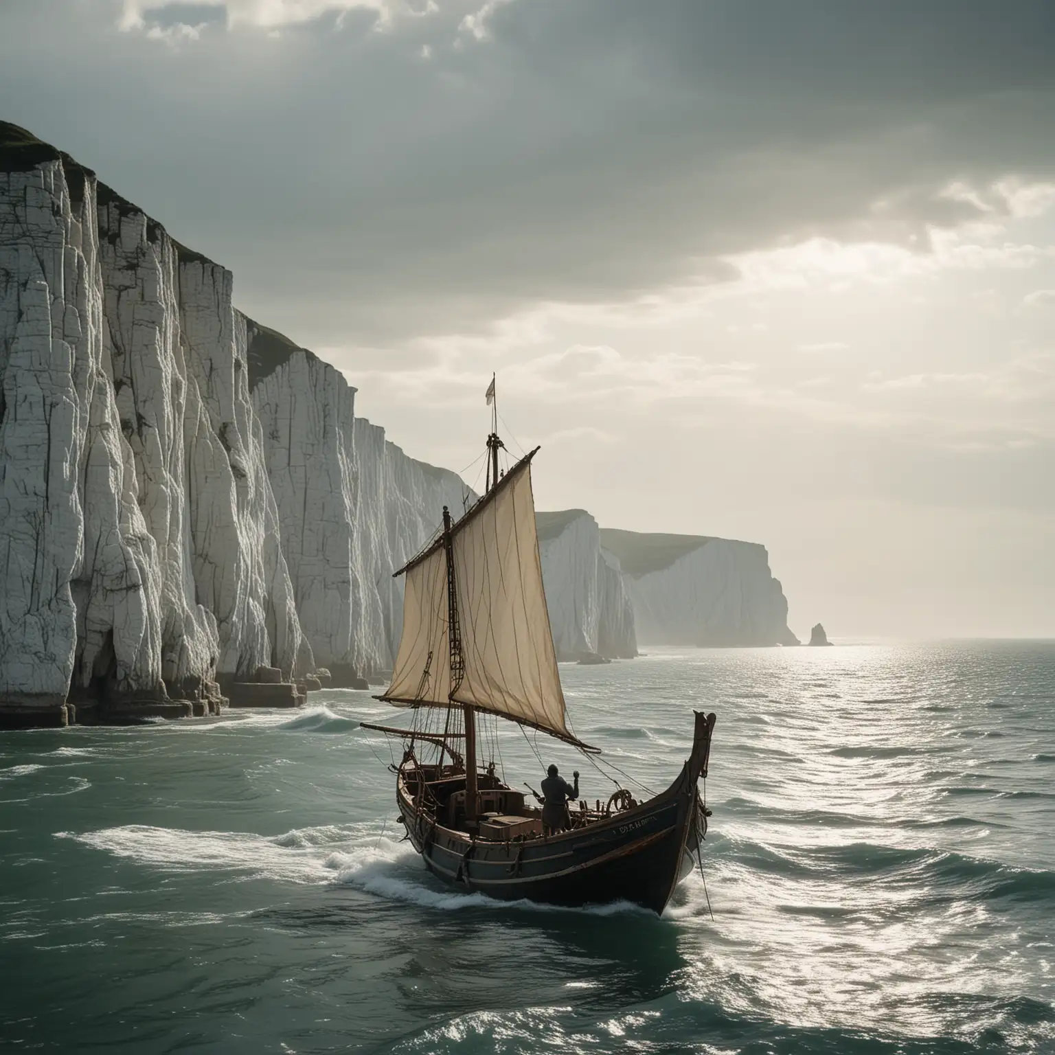 Cinematic picture of a small medieval fishing boat with sails up. The boat is at the the open sea. the white cliffs of dover are in the background far away
. 