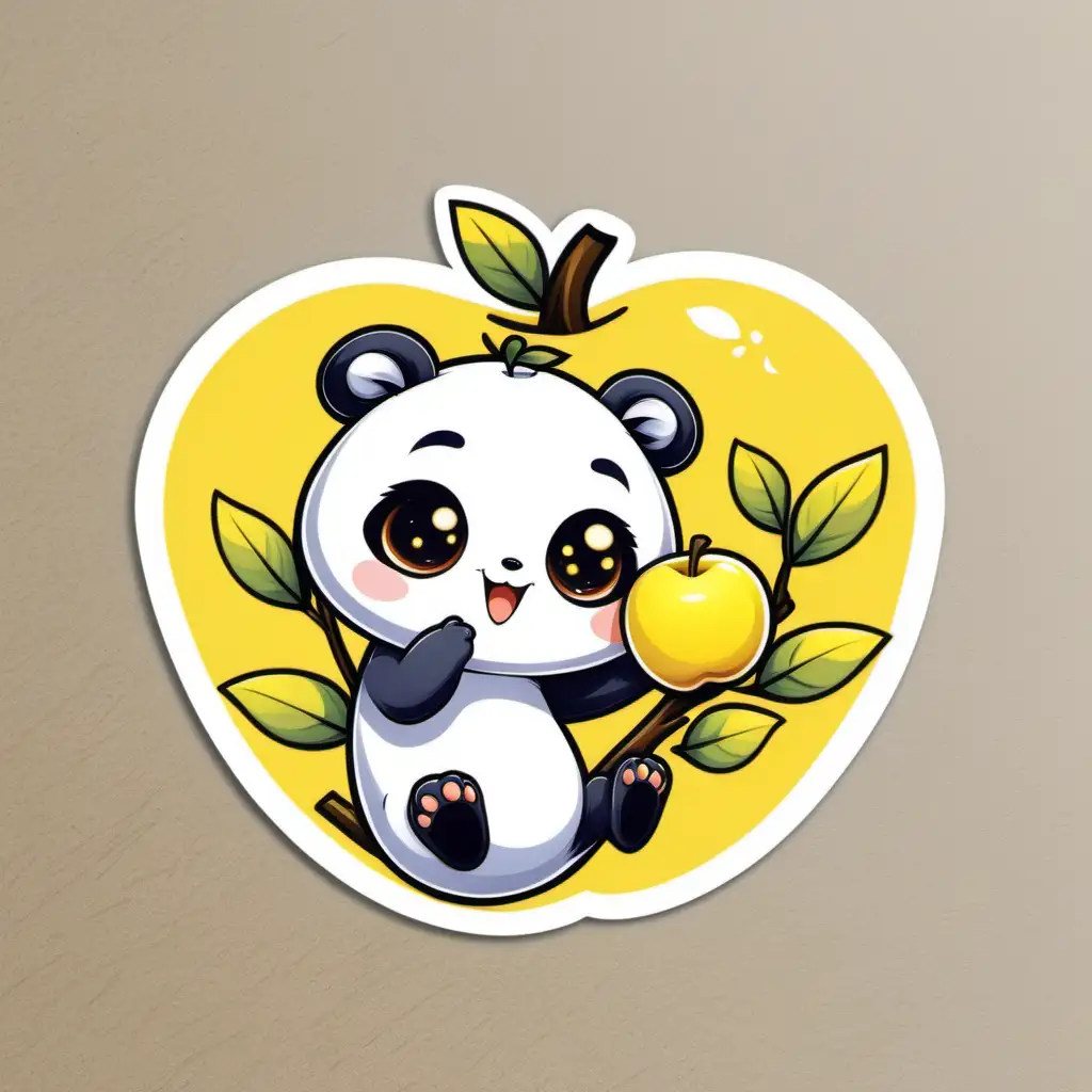 You have to create a three-by-four-inch sticker with the theme Kacheek. It is a small animal which has big ears and a tail. You have to draw it in yellow color. This little animal looks like a panda. This yellow little animal is hopping happily and standing under a fruitful little apple tree.