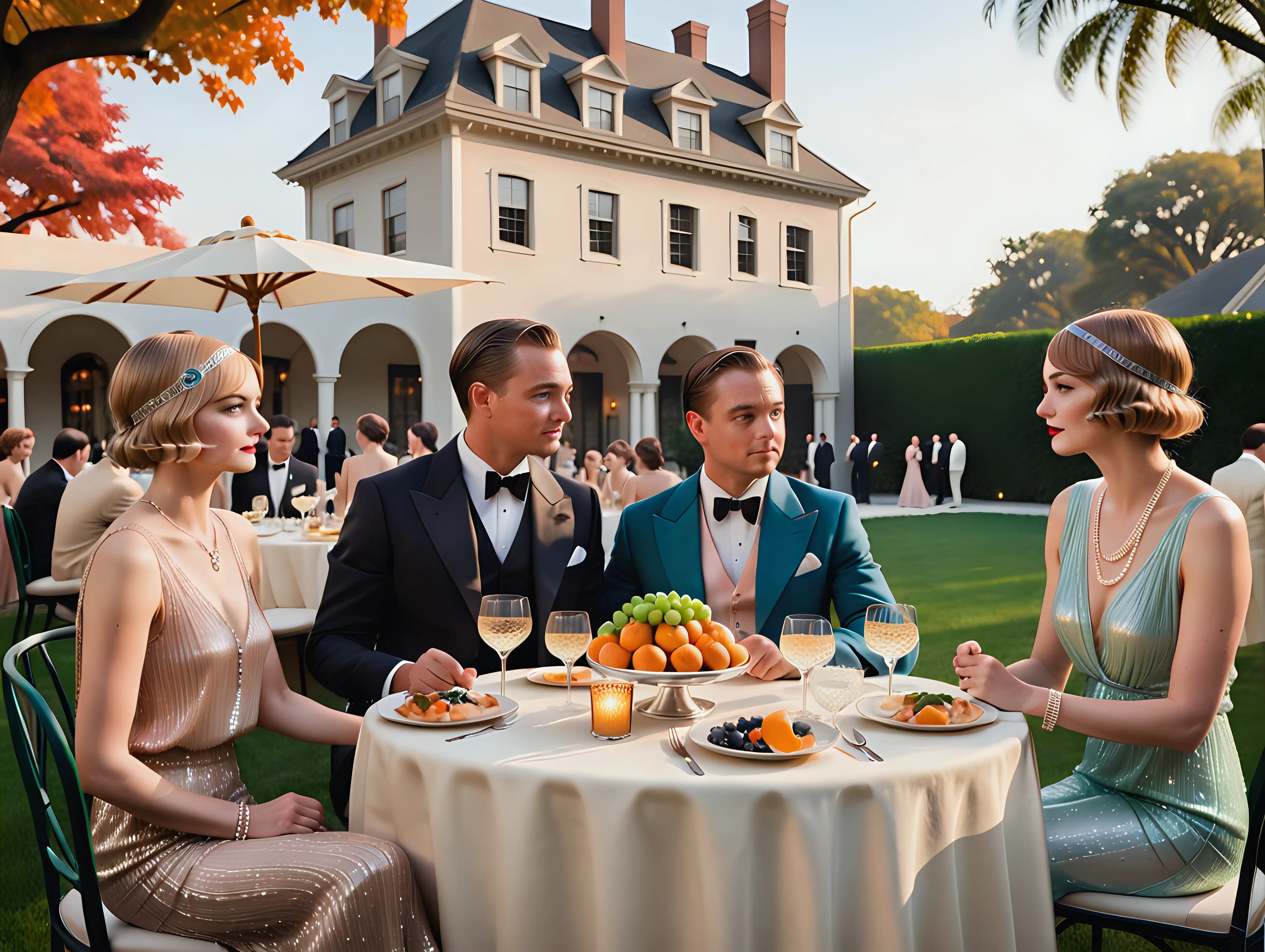 great Gatsby outdoor  dinner  small round table  2  men and 2 women Maison in background