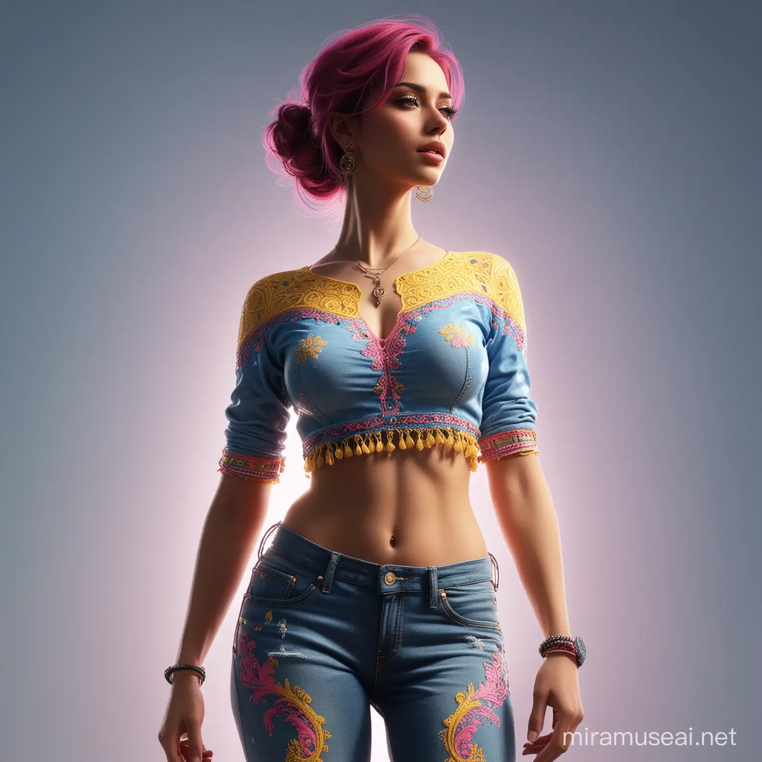 high quality, 8K Ultra HD, highly detailed, super realistic, masterpiece of the silhouette of a woman with a white croptop design like arabic art and colors pink yellow  and blue and jeans, translucent body art,   colorful, cmyk colors, backlit, enhance beauty, full body, extremely hyper detailed, cinematic 8k