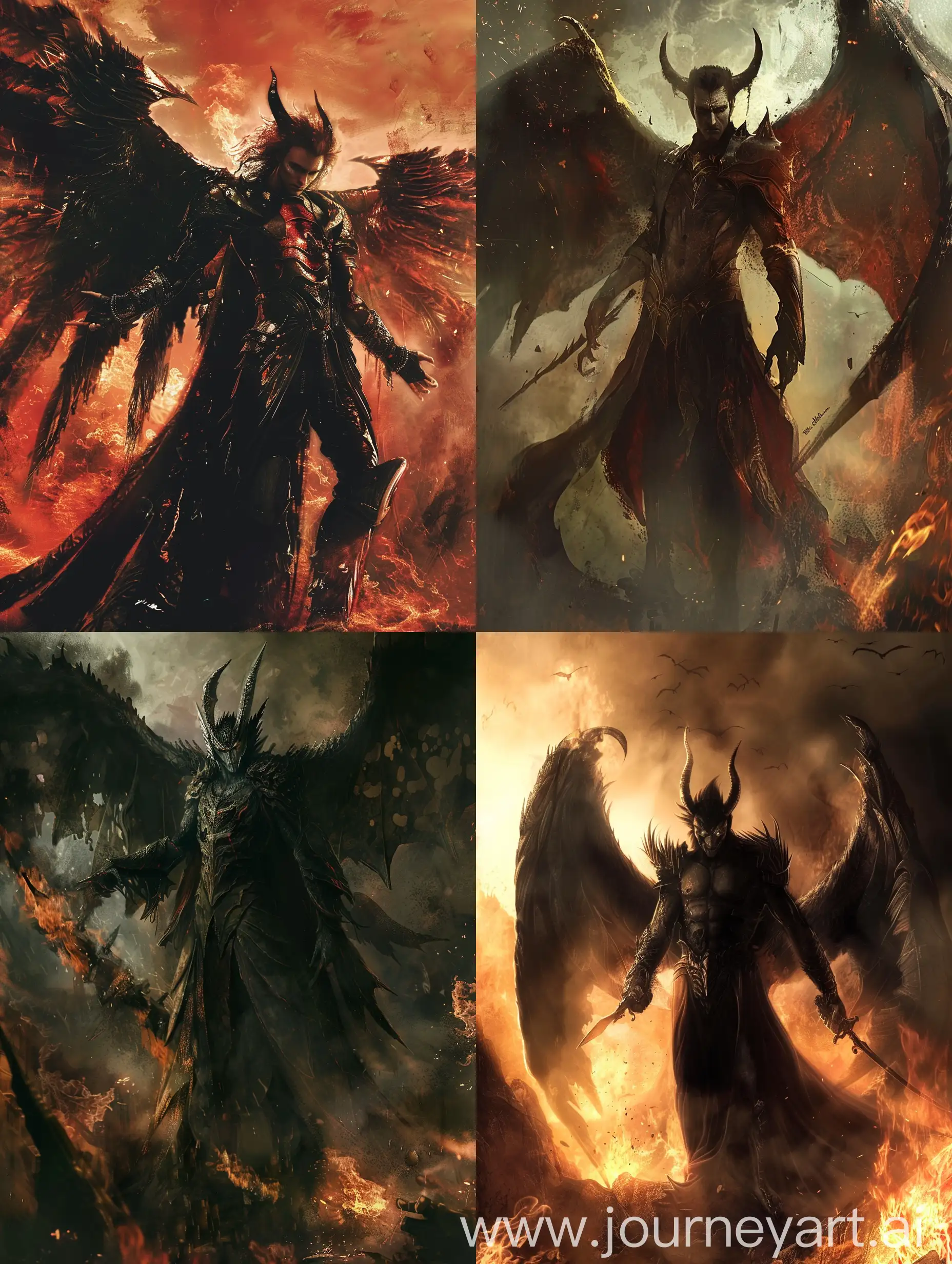 A dark and brooding Lucifer stands tall, his wings spread wide as he surveys his kingdom of fire and brimstone