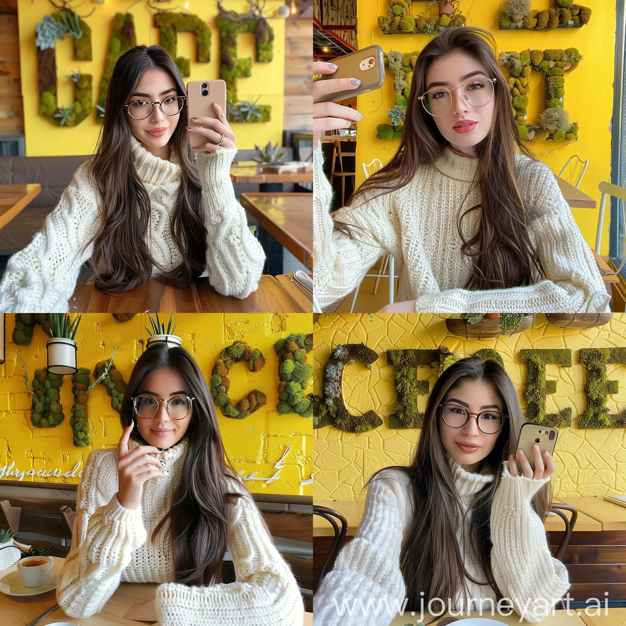 Красивая девушка шатенка с длинными волосами в очках за столиком в кафе в белом свитере делает селфи, фон желтая стена с буквами в виде зеленого мха и суккулентов.