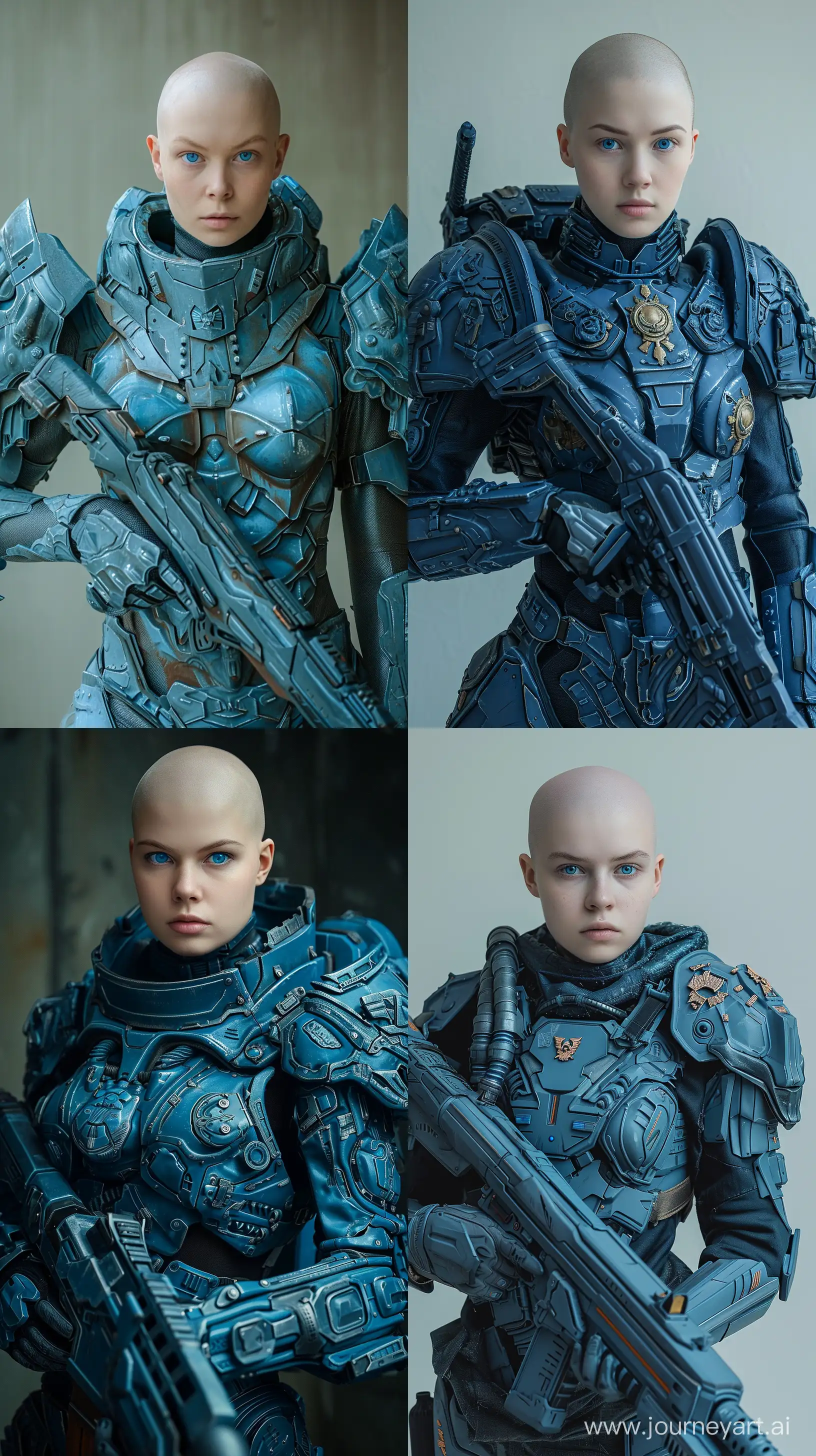 A hyperrealistic photograph of a a tall pale handsome bald woman wearing a suit of futuristic blue military space marine armor and holding a futuristic rifle. blue eyes. detailed armor. --ar 9:16