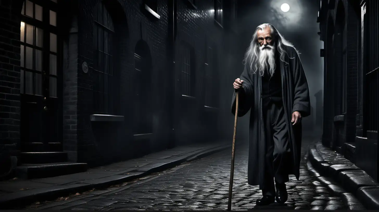 Classical realism, old man with long grey hair and dressed in black walking down a dark deserted cobblestone street in London holding a wooden cane, moon light reflecting off the thick fog, slight smile, .mysterious, highly detailed, photo realistic, soft lighting