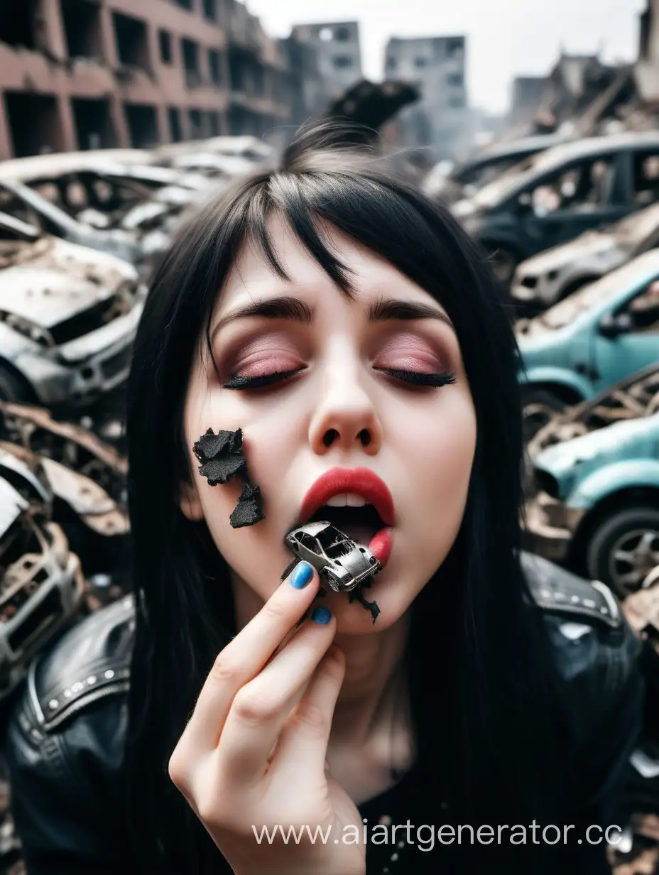 Photo of cute emo woman kissing the air, lips close-up, several wrecked and destroyed micro-sized cars are stuck at her lips