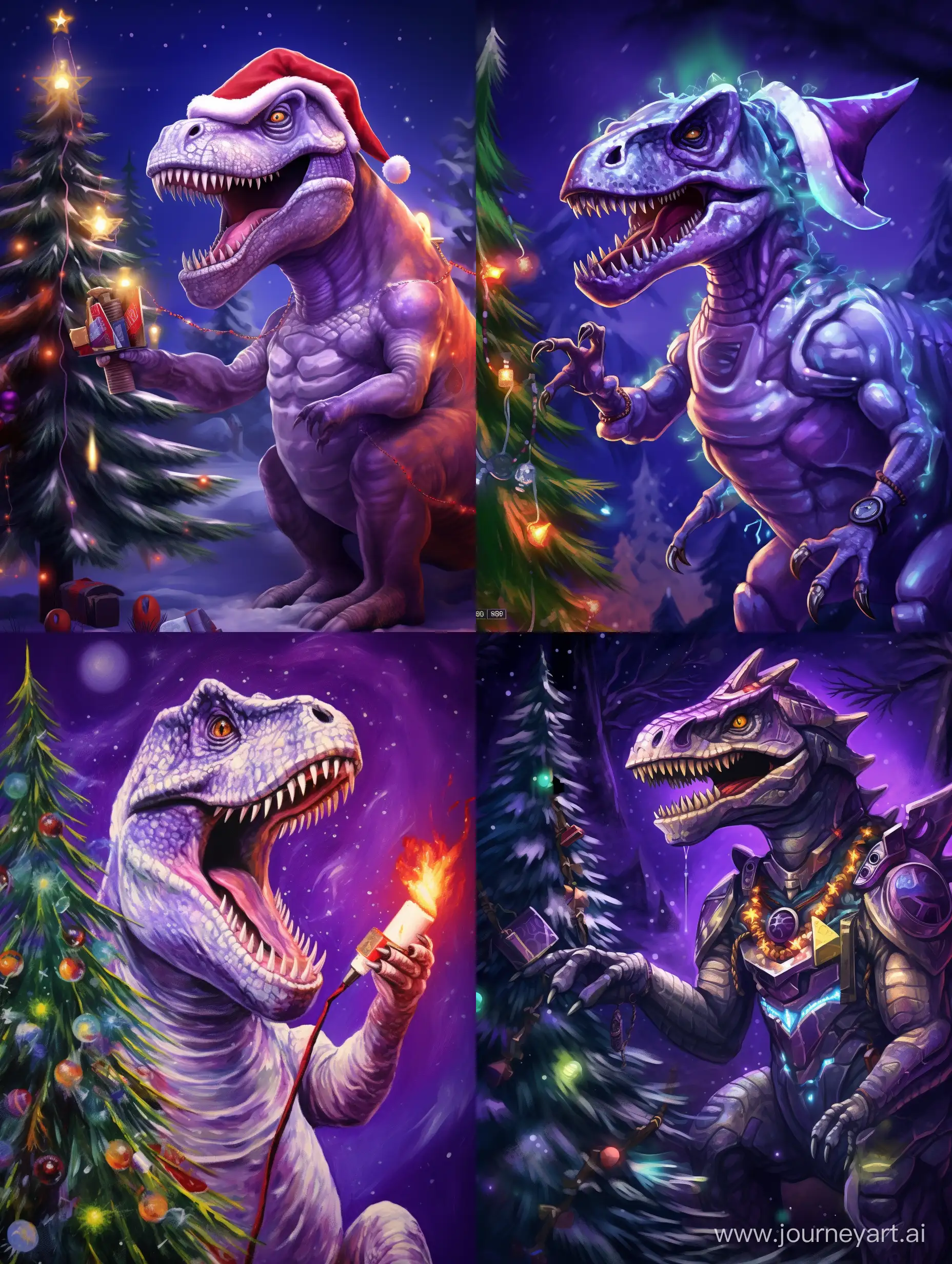 A tyrannosaurus robot made of metal with LED eyes, purple with silver, climbs on a Christmas tree to get a star , painted with paint on canvas, children's drawing style