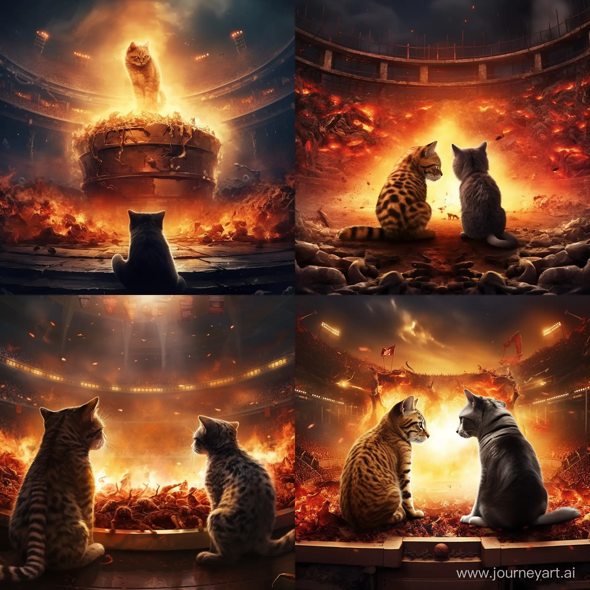 Intense-CatDog-Confrontation-Amidst-Fiery-Stadium-Atmosphere